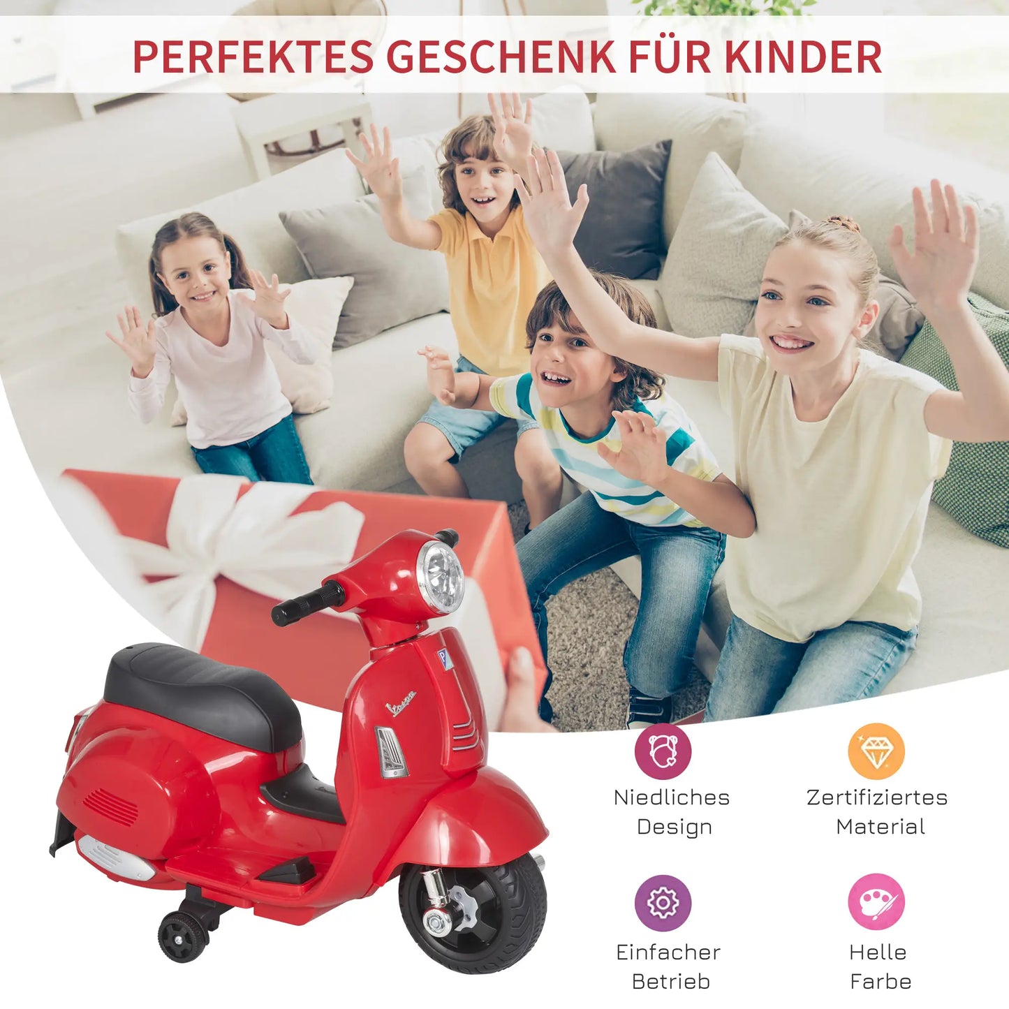Rotes HOMCOM VESPA Elektromotorrad für Kinder mit LED-Scheinwerfer und abnehmbaren Stützrädern.