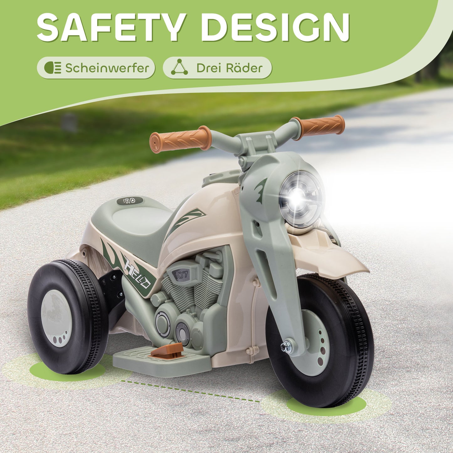 Cremeweißes Kinder-Elektromotorrad mit drei Rädern, Musik und Seifenblasenfunktion für 2-5 Jahre.