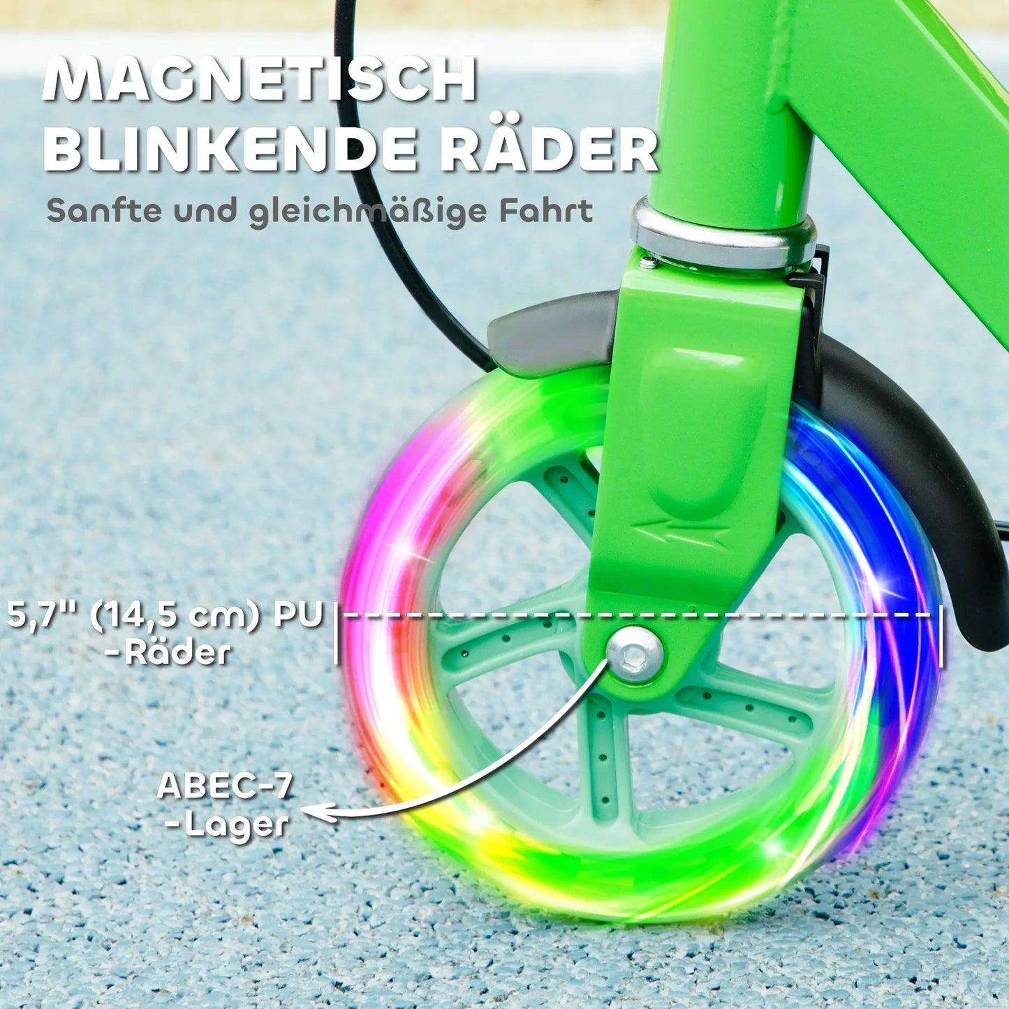 Grüner Kinderroller mit faltbarem Design und dualen Bremsen für Kinder von 3 bis 8 Jahren.