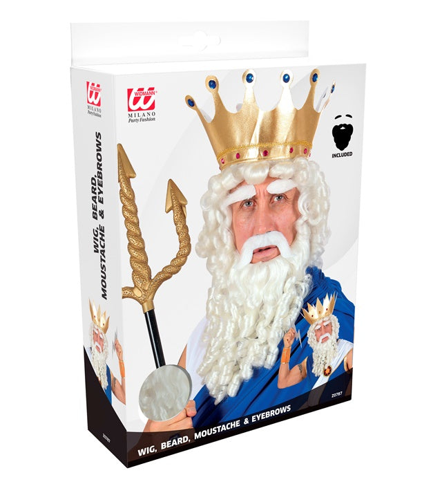 Zeus Perücke mit Locken, Bart, Schnurrbart und Augenbrauen in Box