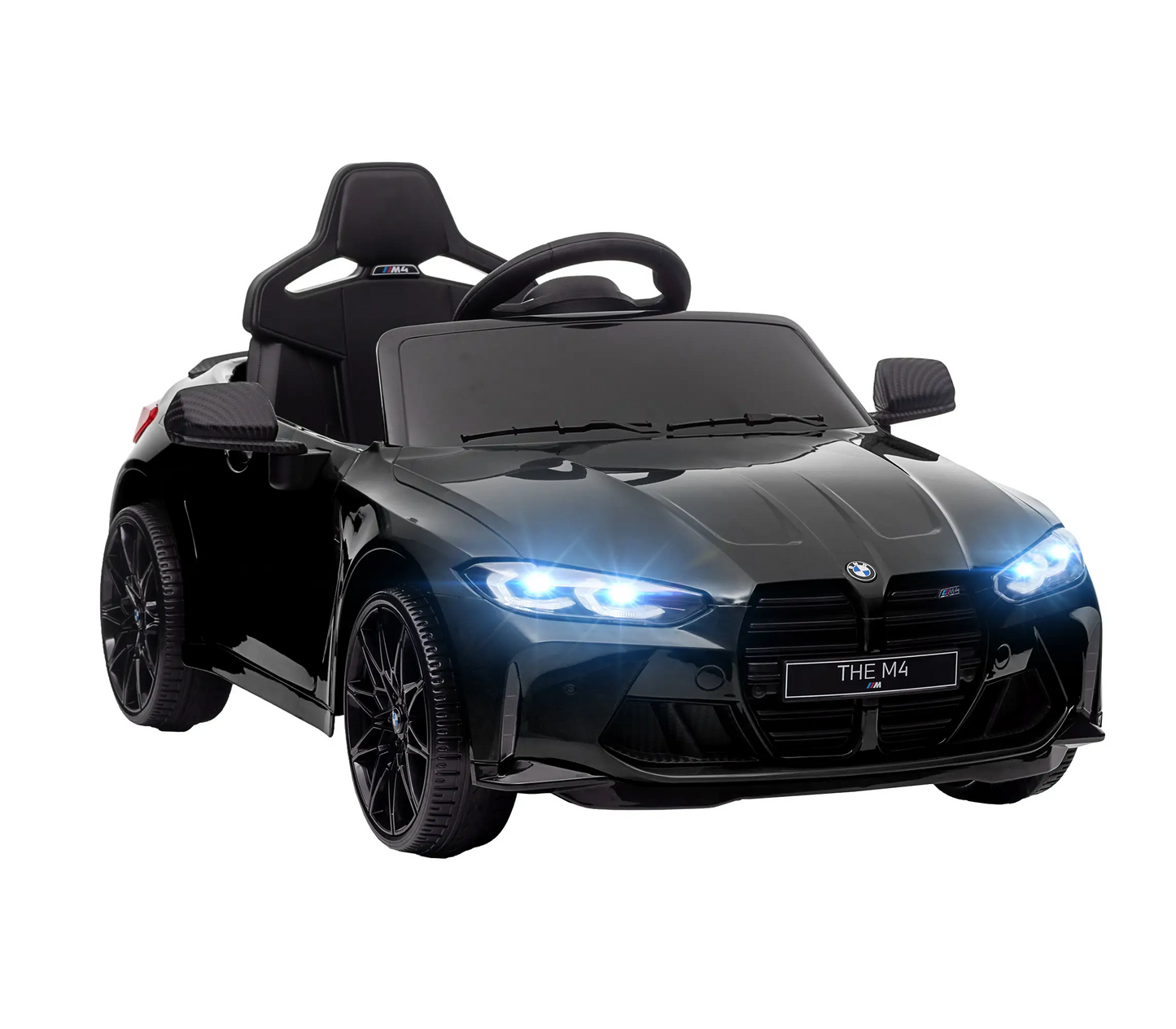 Schwarzes BMW M4 Elektro Kinderauto mit Fernsteuerung für 3-5 Jahre, LED-Scheinwerfer sichtbar.