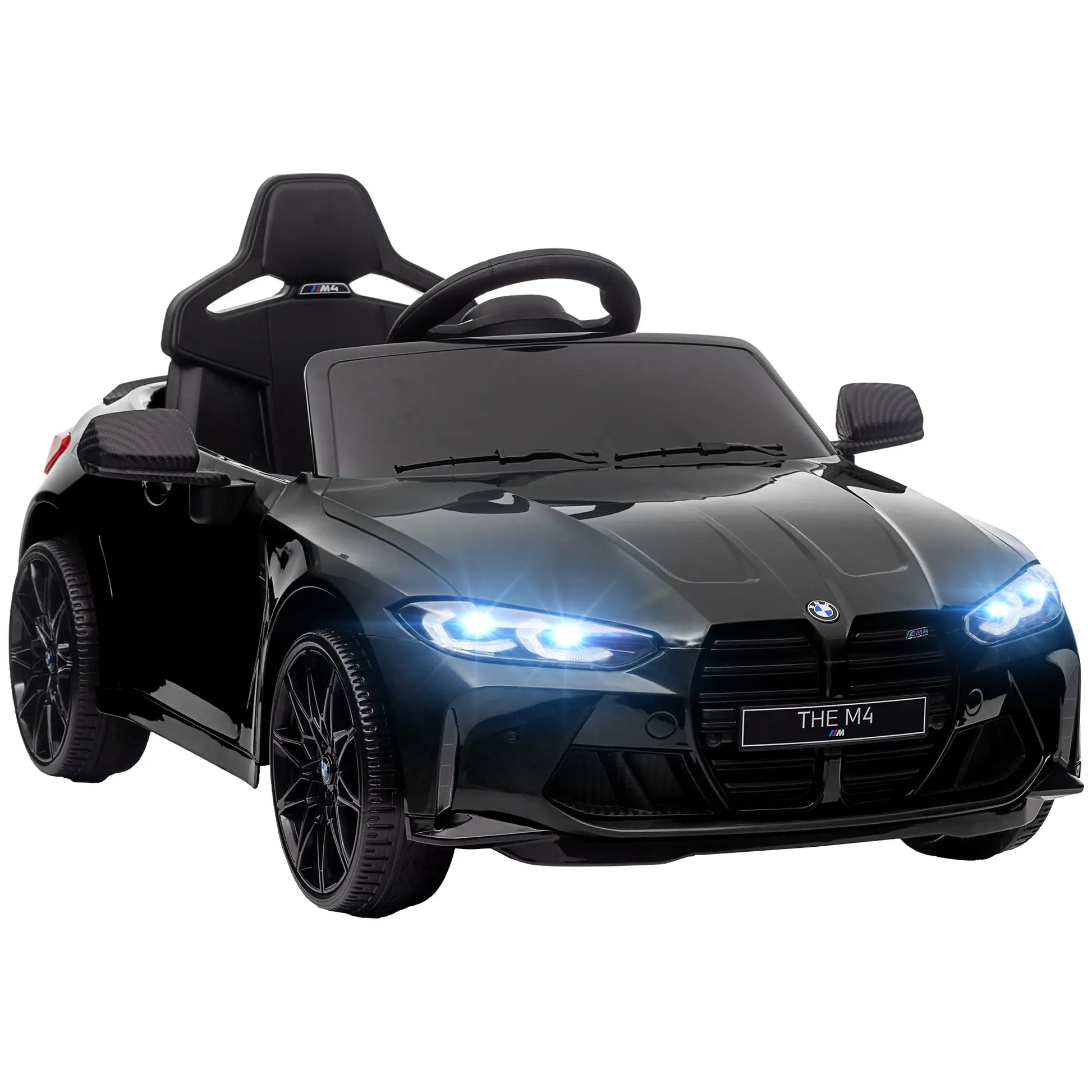 Schwarzes BMW M4 Elektro-Kinderauto mit Fernsteuerung und LED-Scheinwerfern für 3-5 Jahre.