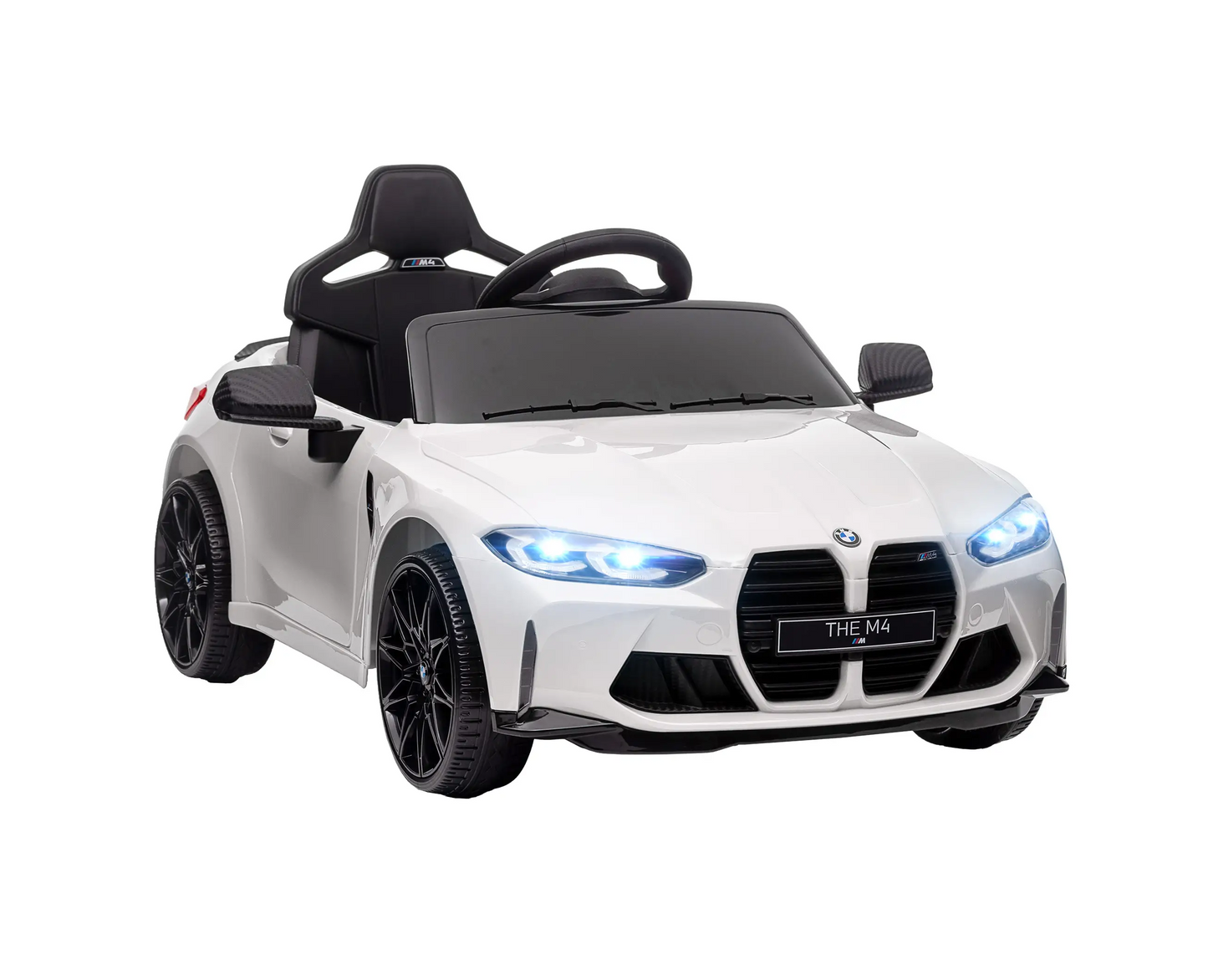 Weißes BMW M4 Elektro Kinderauto mit Fernsteuerung, LED-Scheinwerfern und Sicherheitsgurt.
