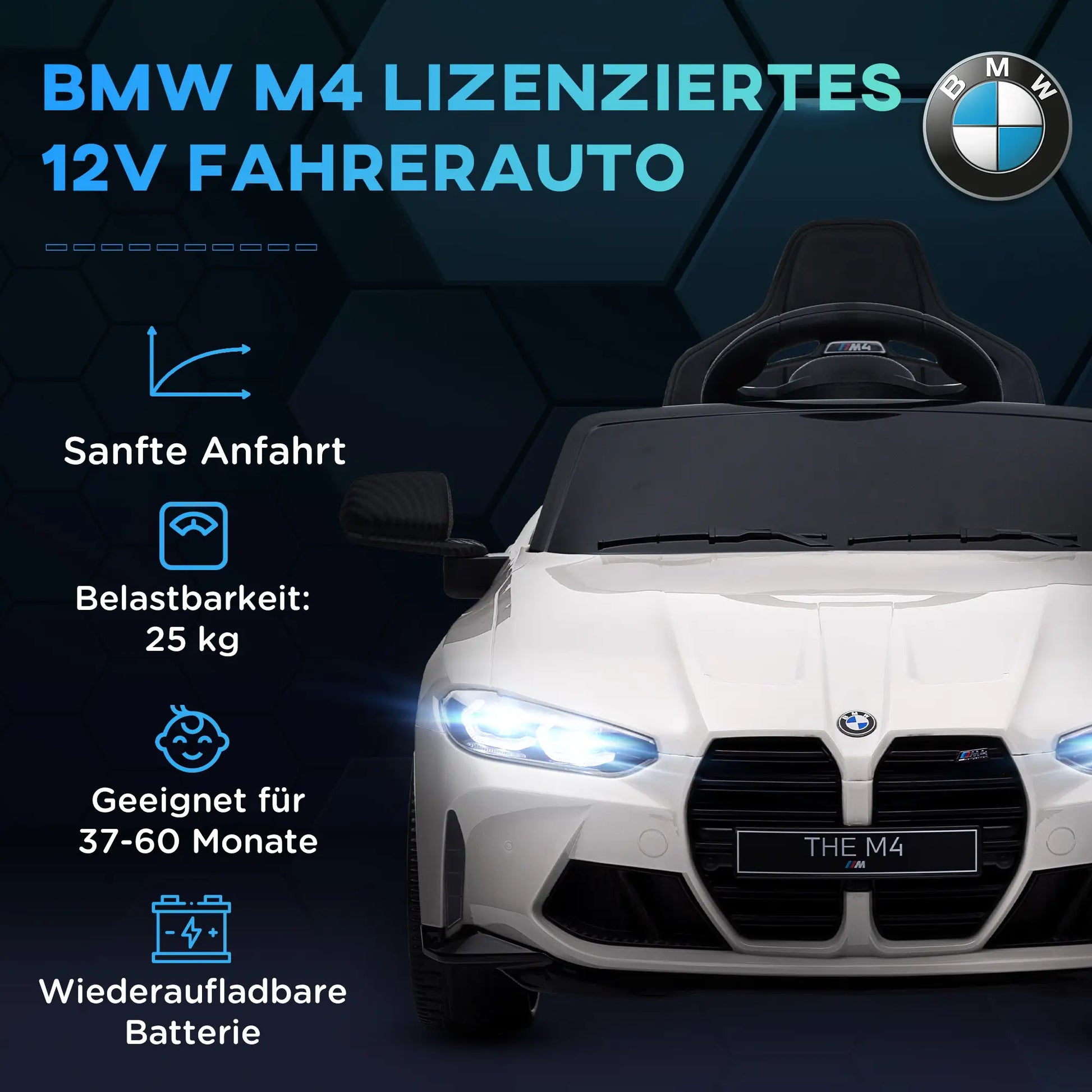 Weißes BMW M4 Elektro Kinderauto mit Fernsteuerung und LED-Scheinwerfern.