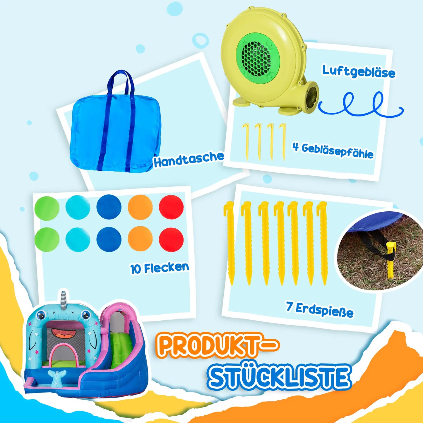 Aufblasbare bunte Hüpfburg mit Rutsche, Wasserbecken und Kletterwand im Garten.