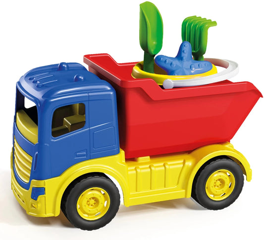 33 cm großer Kipplaster mit Schaufel, Rechen, Sieb und Sandformen in bunten Farben