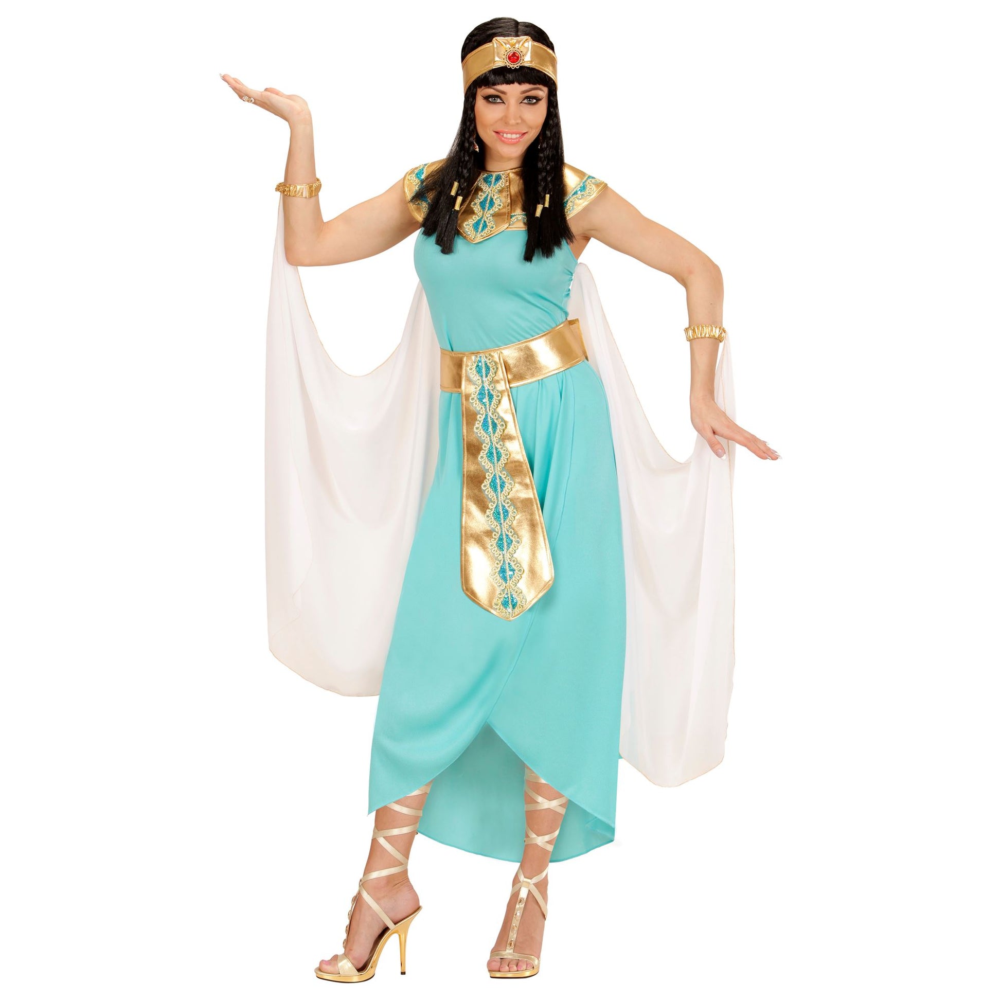 "ÄGYPTISCHE KÖNIGIN" (Kleid, Gürtel, Armbänder, Stirnband, Umhang) – Vorderansicht