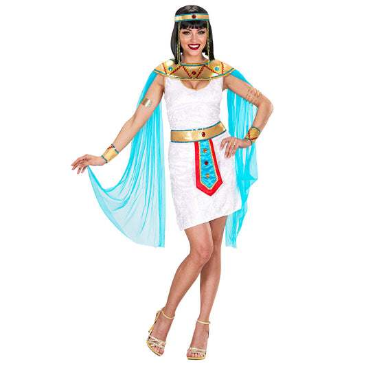 "ÄGYPTISCHE KÖNIGIN" (Kleid, Kragen mit Schleier, Gürtel, Armbänder, Stirnband mit Perlen" – Vorderansicht