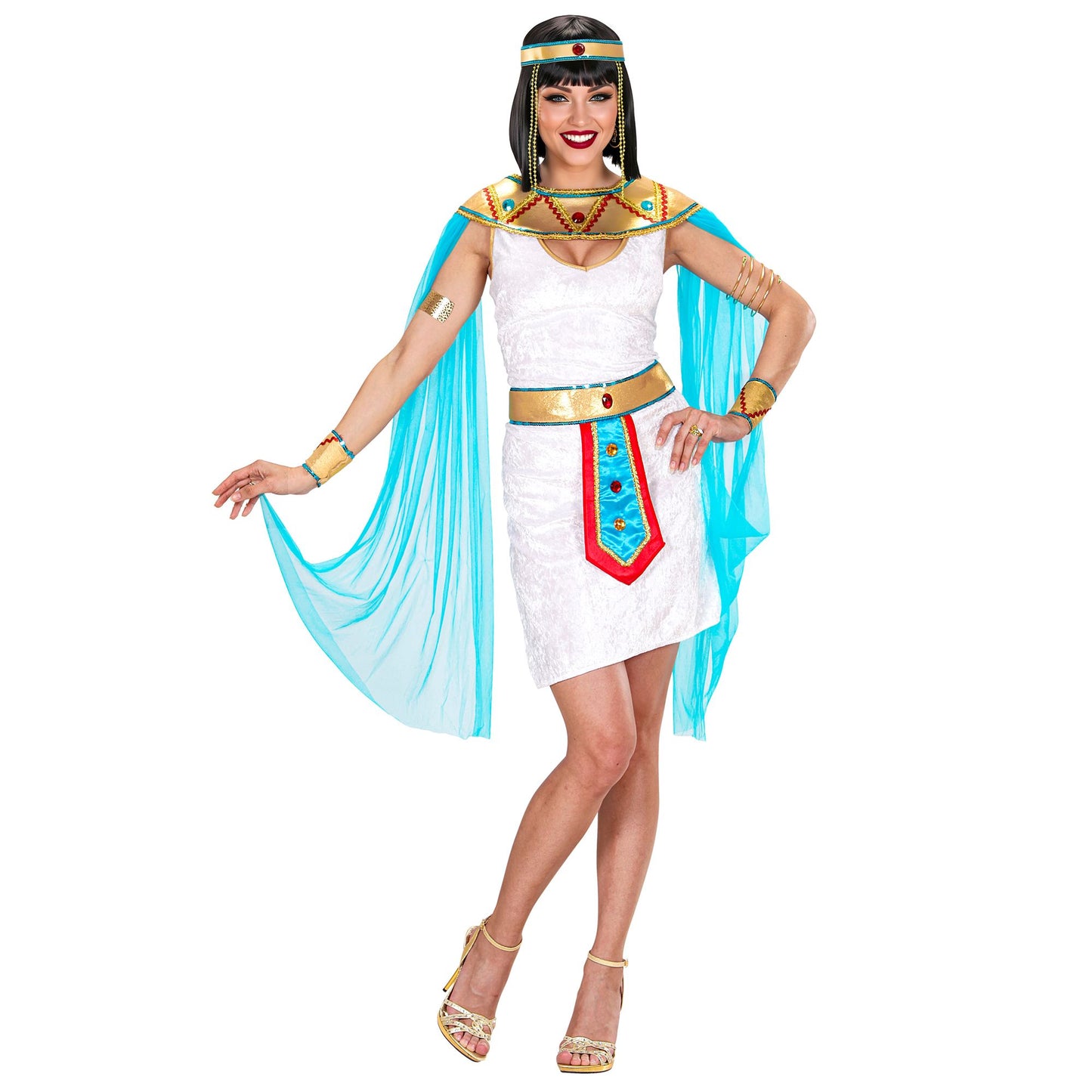 "ÄGYPTISCHE KÖNIGIN" (Kleid, Kragen mit Schleier, Gürtel, Armbänder, Stirnband mit Perlen" – Vorderansicht