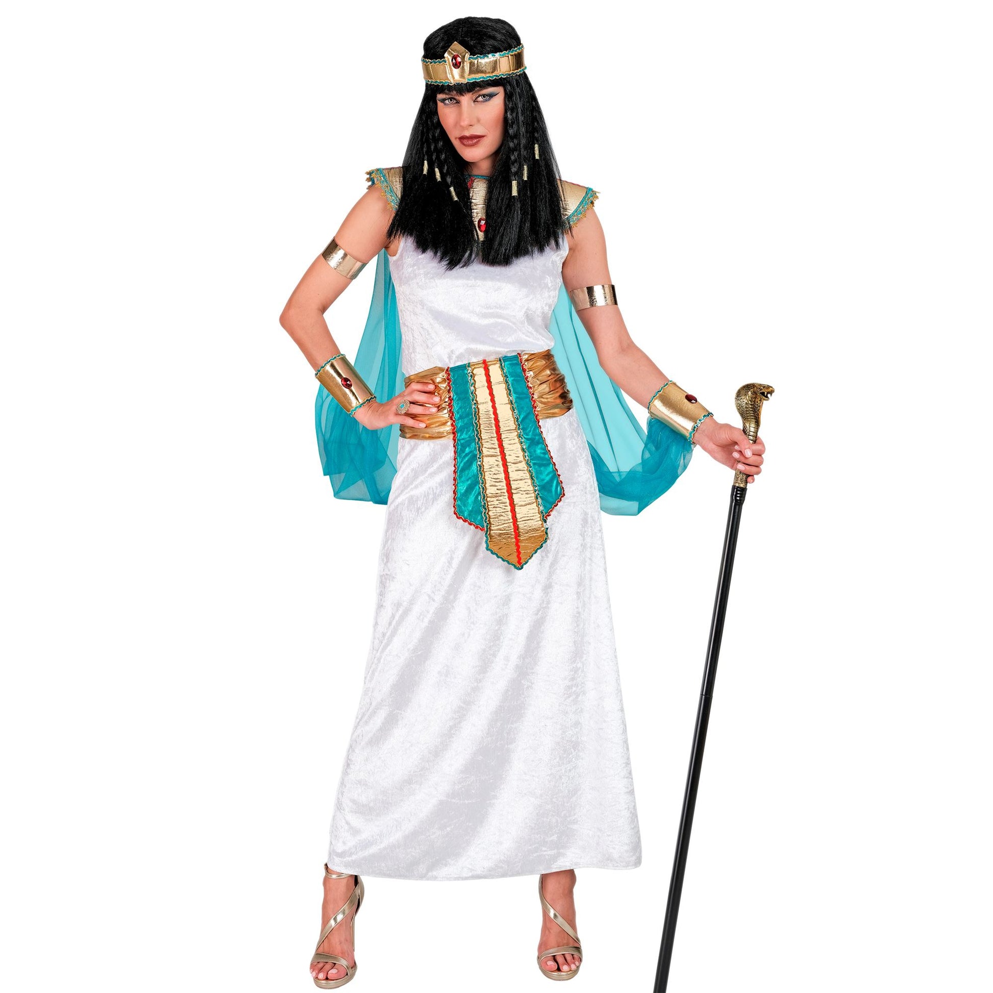 "ÄGYPTISCHE KÖNIGIN" (Kleid, Kragen mit Umhang & Armbändern, Gürtel, Stirnband) – Vorderansicht