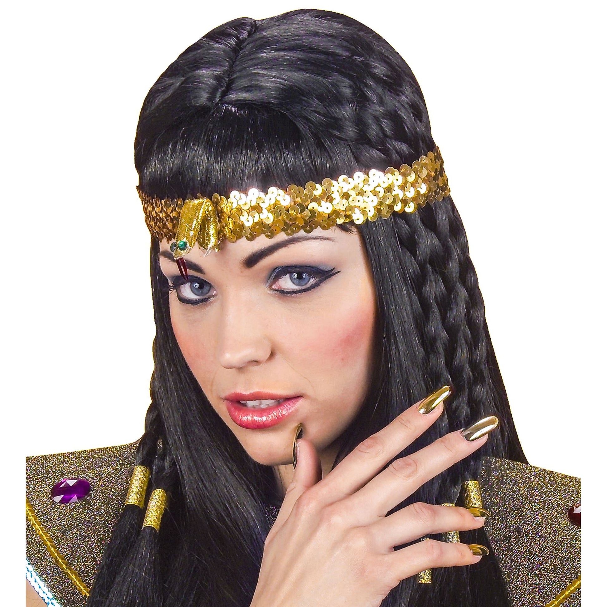 "ÄGYPTISCHES STIRNBAND MIT SCHLANGE" aus Pailletten – Vorderansicht