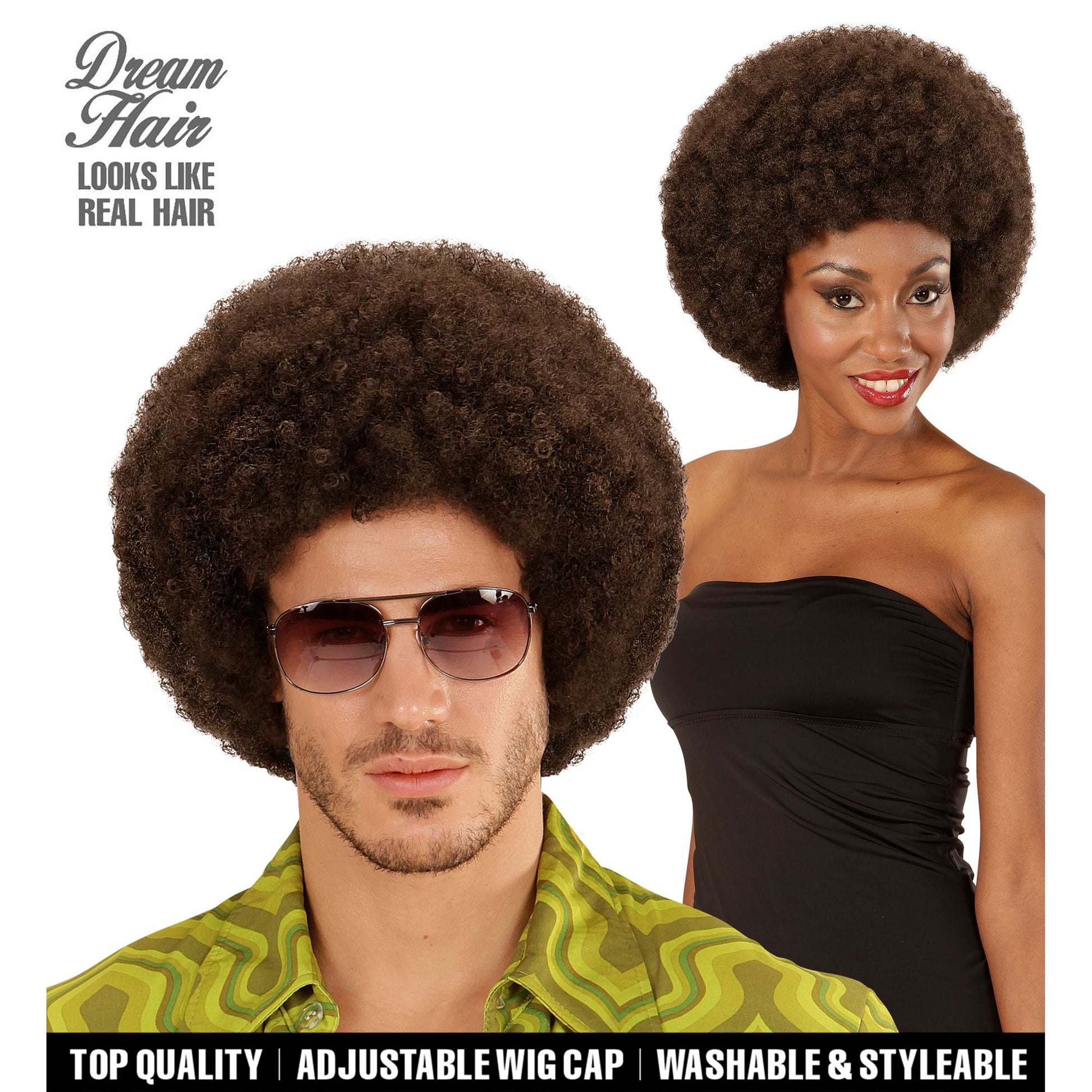 "AFRO PERÜCKE IN DREAM HAIR QUALITÄT" in farbiger Box – Vorderansicht
