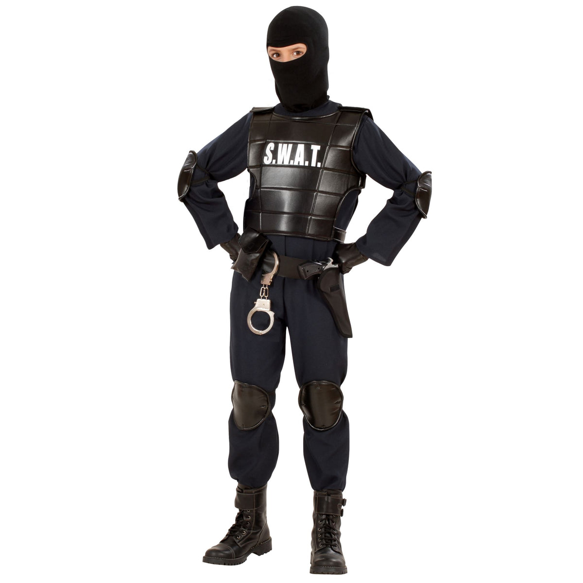 "AGENT S.W.A.T" (Kostüm, kugelsichere Weste, Gürtel mit Halfter und Tasche, Knieschoner, Ellenbogenschoner, Maske) – Vorderansicht