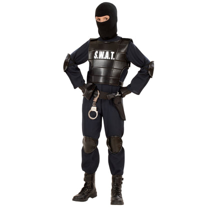 "AGENT S.W.A.T" (Kostüm, kugelsichere Weste, Gürtel mit Halfter und Tasche, Knieschoner, Ellenbogenschoner, Maske) – Vorderansicht