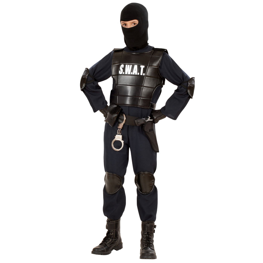 "AGENT S.W.A.T" (Kostüm, kugelsichere Weste, Gürtel mit Halfter und Tasche, Knieschoner, Ellenbogenschoner, Maske) – Vorderansicht