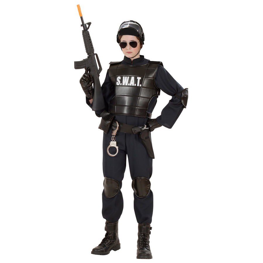 "AGENT S.W.A.T" (Kostüm, kugelsichere Weste, Gürtel mit Halfter und Tasche, Knieschoner, Ellenbogenschoner, Maske) – Detailansicht