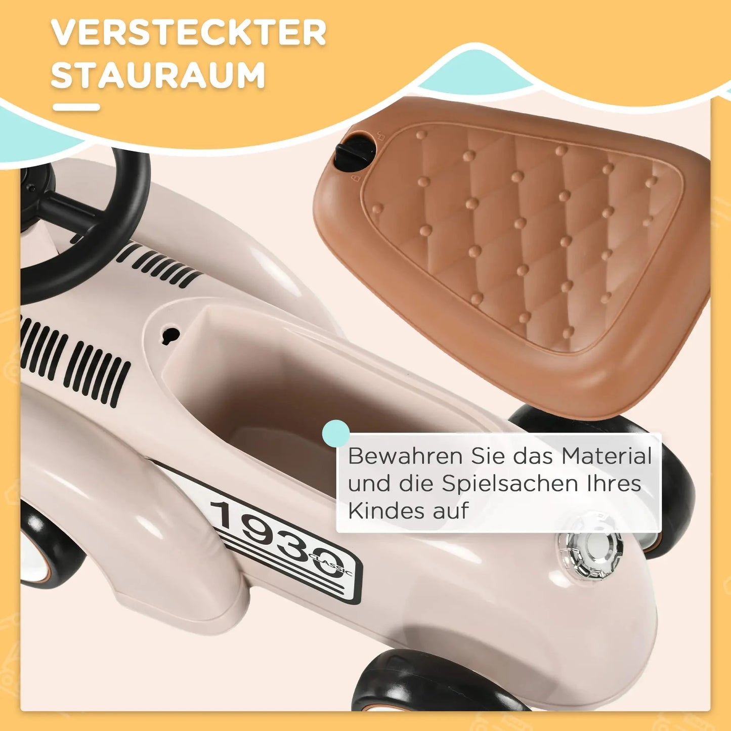 Cremeweißes Vintage Rutschauto für Kinder mit Rückwärtsstütze und Stauraum unter dem Sitz.