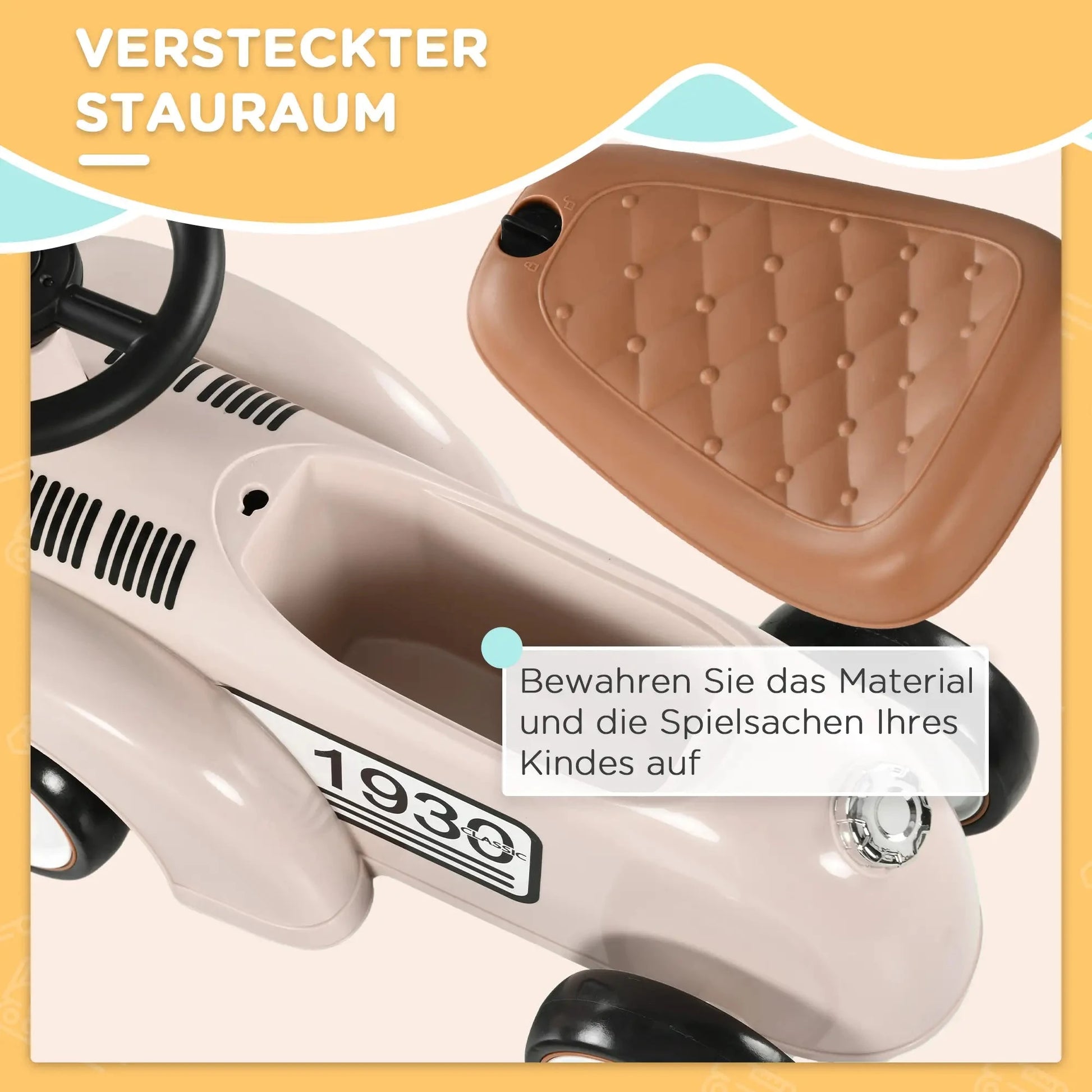 Cremeweißes Vintage Rutschauto für Kinder mit Rückwärtsstütze und Stauraum unter dem Sitz.