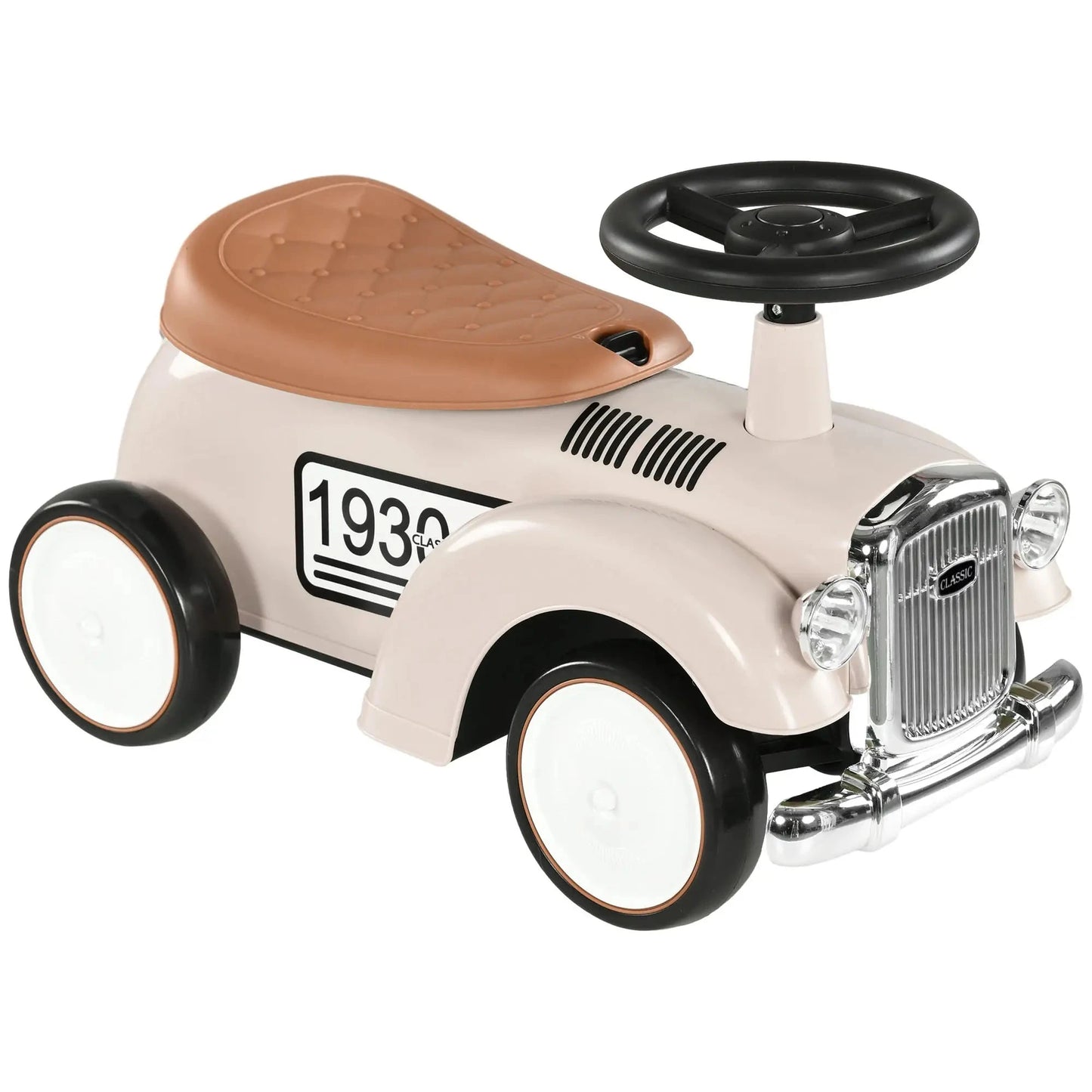 Cremeweißes Kinder Rutschauto im Vintage-Design mit integriertem Rückwärts-Stützbügel.