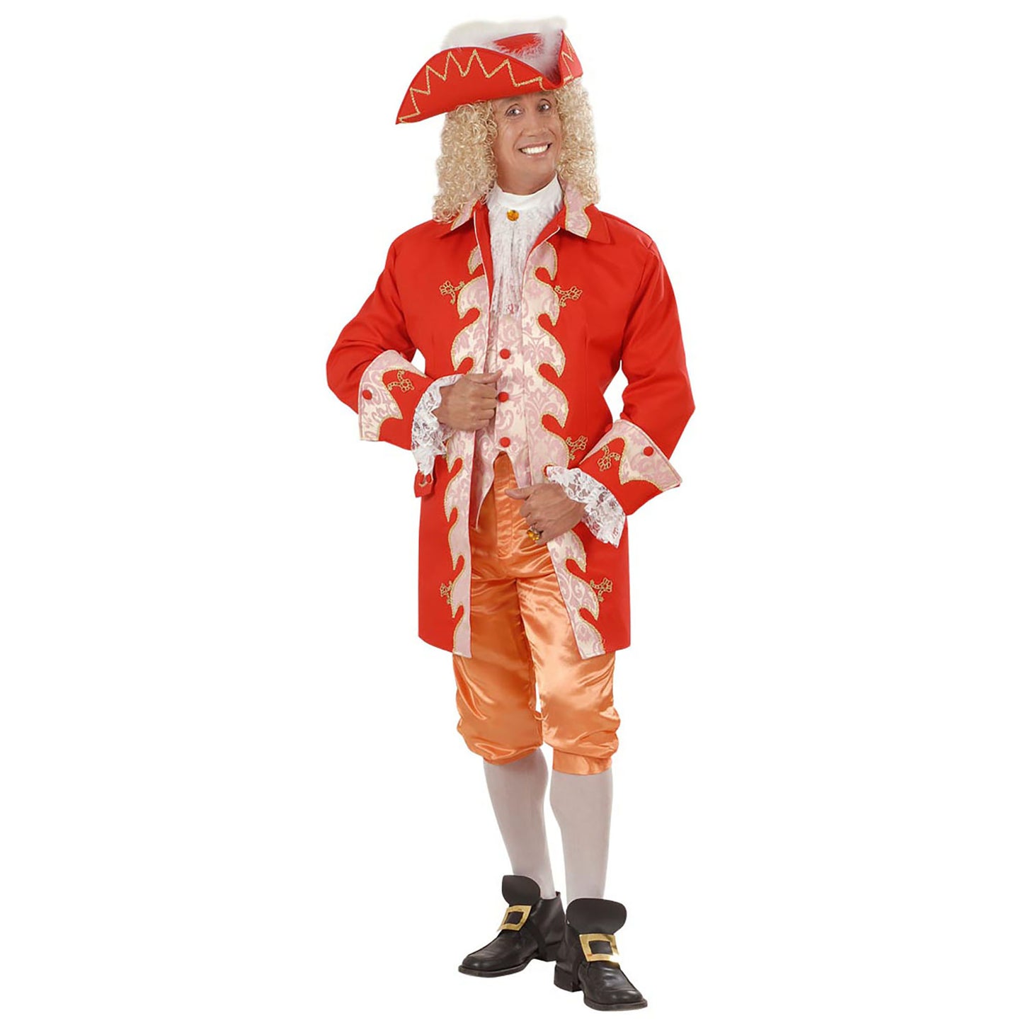 "ANZUG DES FRANZÖSISCHEN KÖNIGSHOFS DES 19. JH." (lange Jacke mit Weste, Jabot, Hose, Schuhschnallen, Hut) – Vorderansicht