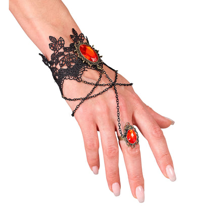 "ARMBAND AUS SPITZE MIT RING UND ROTEN EDELSTEINEN" – Vorderansicht
