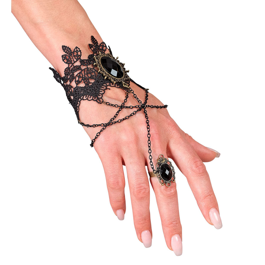 "ARMBAND AUS SPITZE MIT RING UND SCHWARZEN EDELSTEINEN" – Vorderansicht