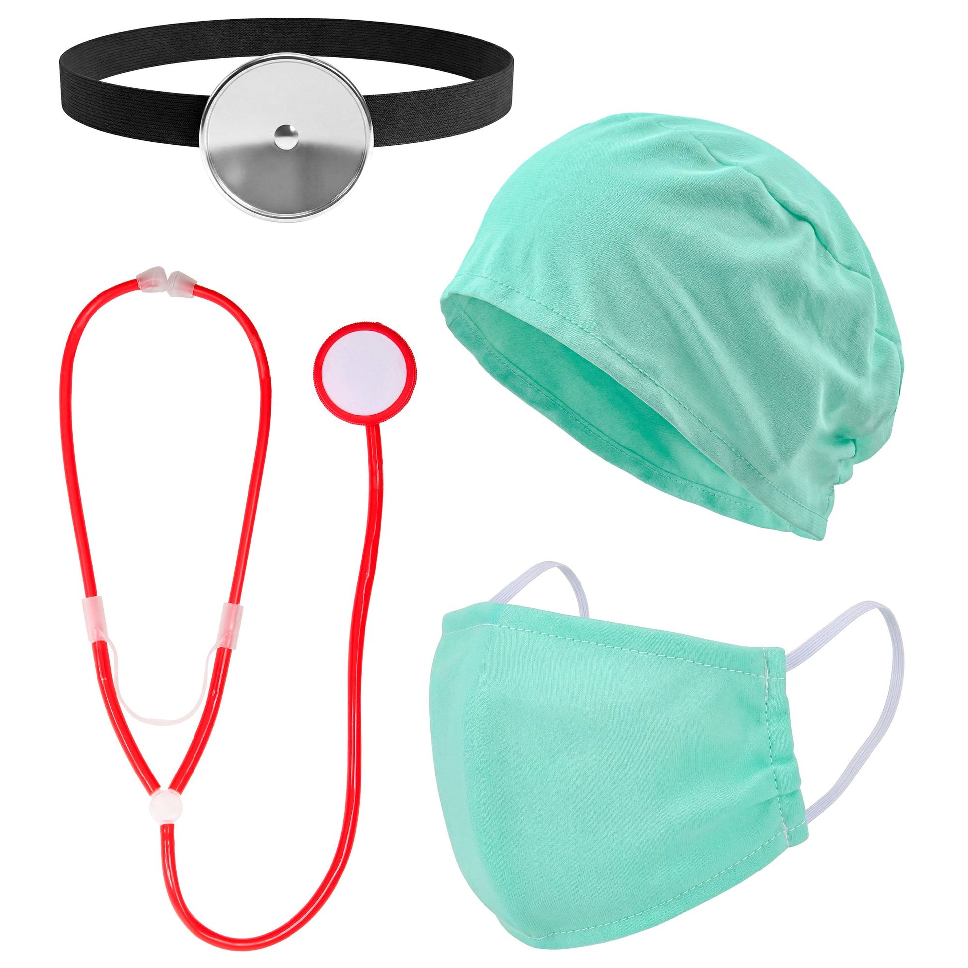 "ARZT SET" (OP Mütze, Mundschutz, Stirnspiegel, Stethoskop) – Vorderansicht