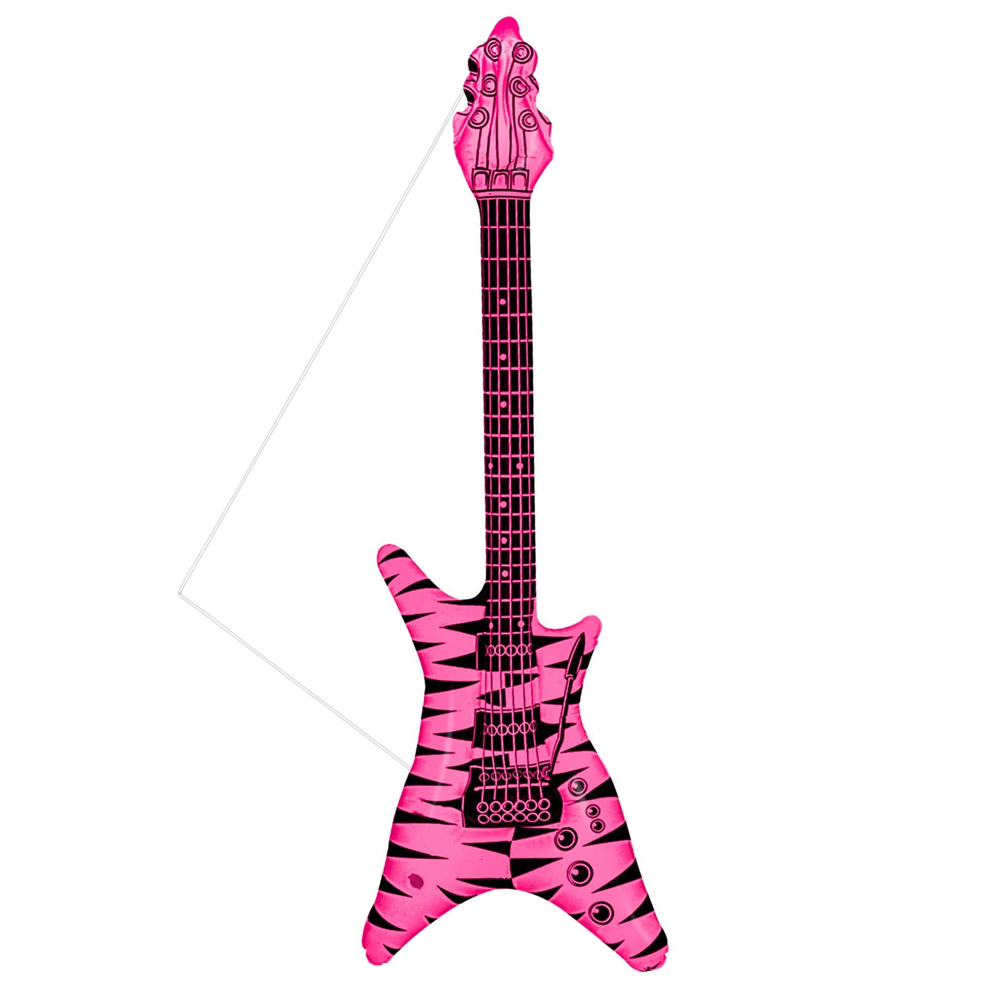 "AUFBLASBARE GITARRE ROCK" Zebramuster rosa-schwarz mit Schultergurt - 95cm – Vorderansicht