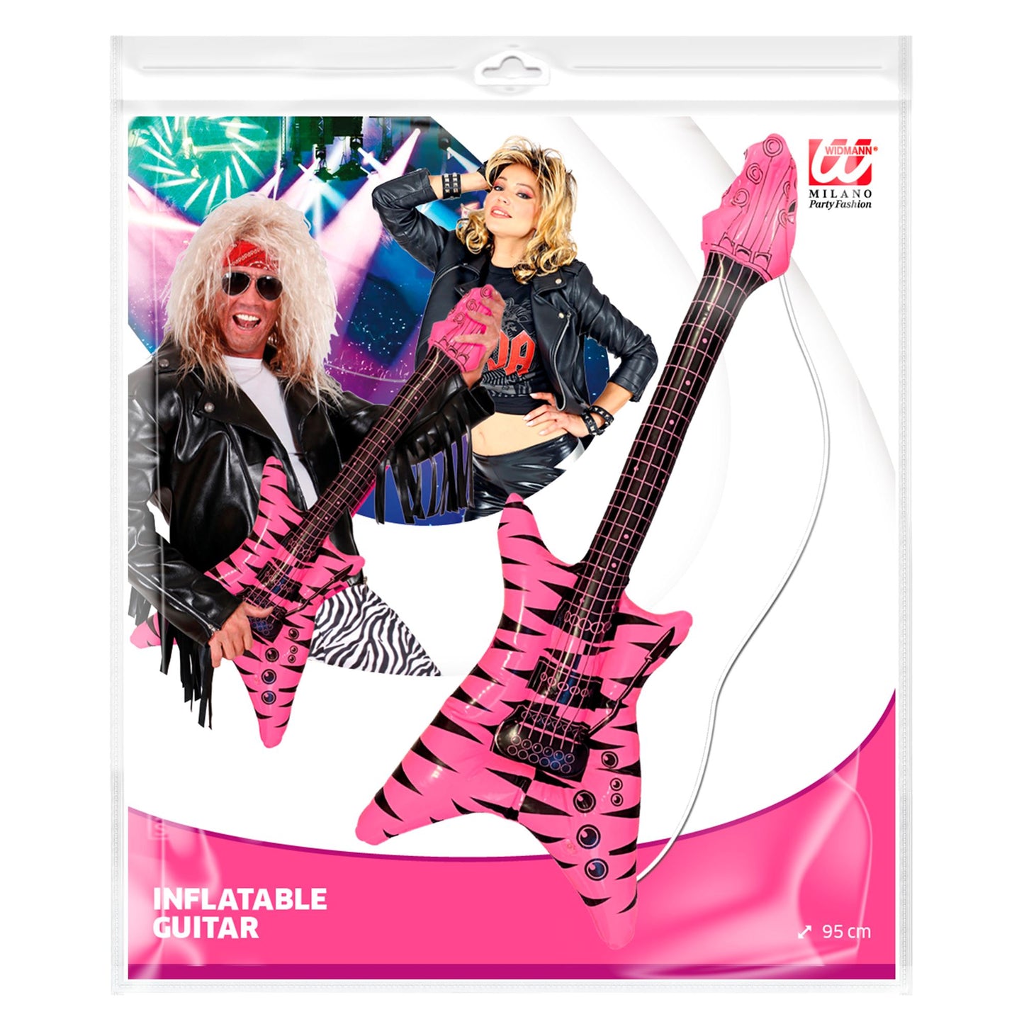 "AUFBLASBARE GITARRE ROCK" Zebramuster rosa-schwarz mit Schultergurt - 95cm – Detailansicht