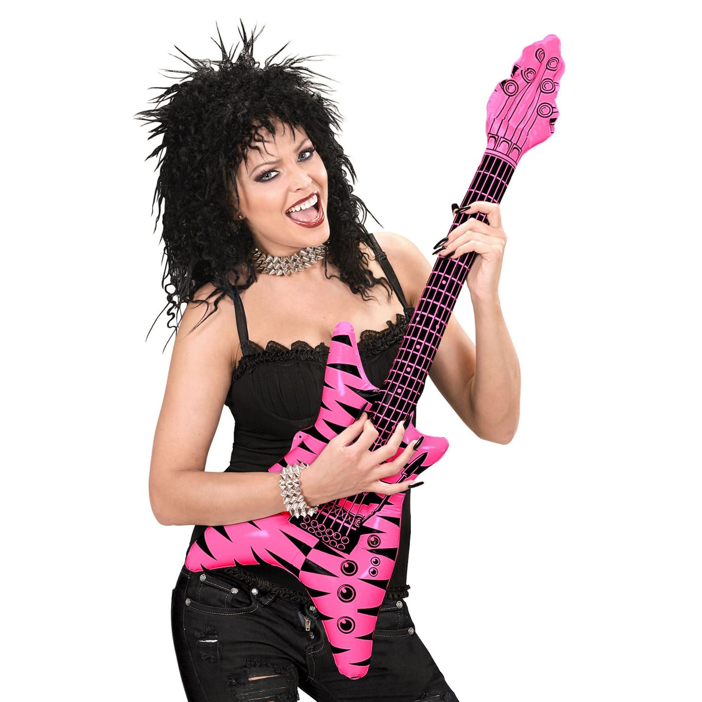 "AUFBLASBARE GITARRE ROCK" Zebramuster rosa-schwarz mit Schultergurt - 95cm – Ansicht 3