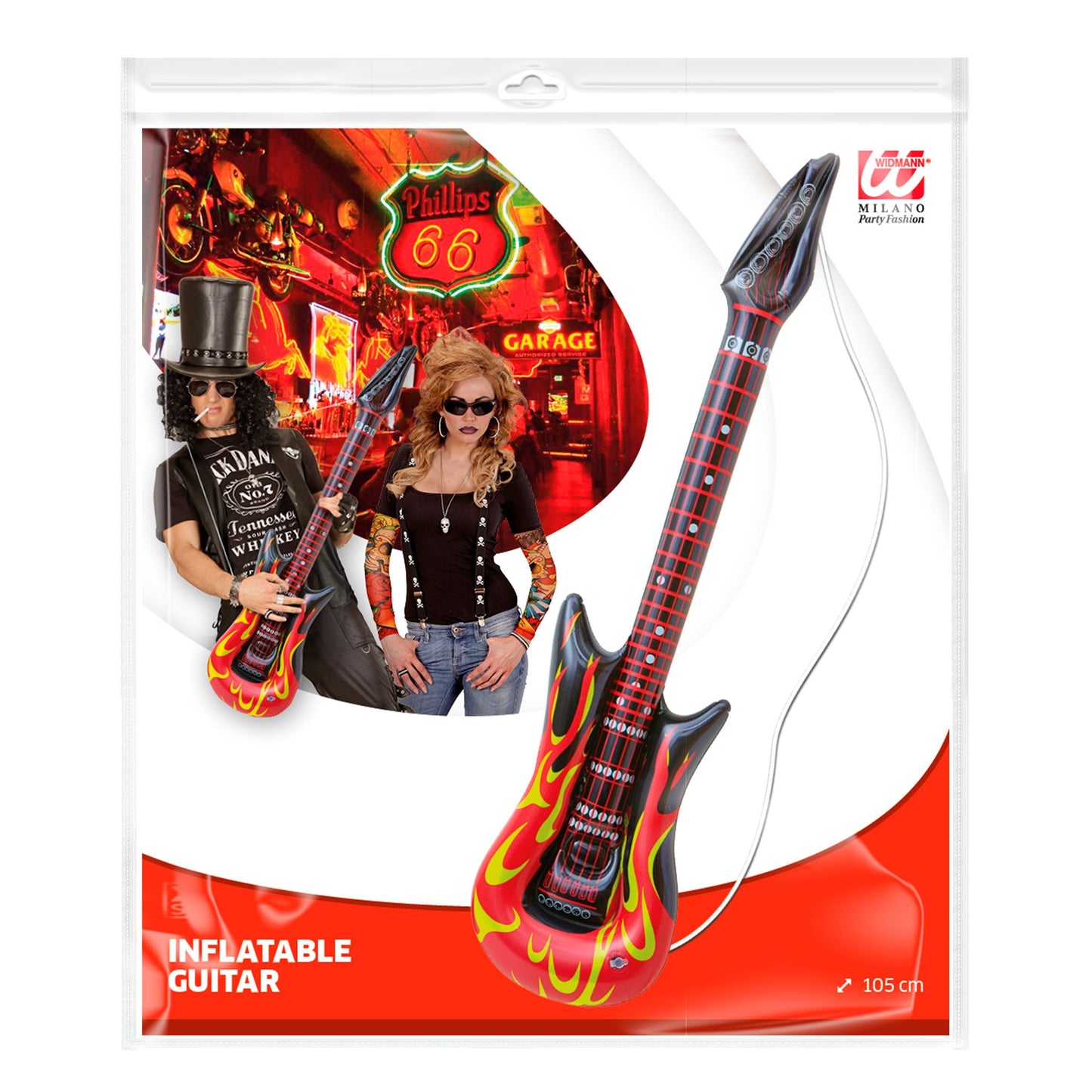 "AUFBLASBARE GITARRE ROCKSTAR MIT FLAMMEN" 105 cm – Detailansicht