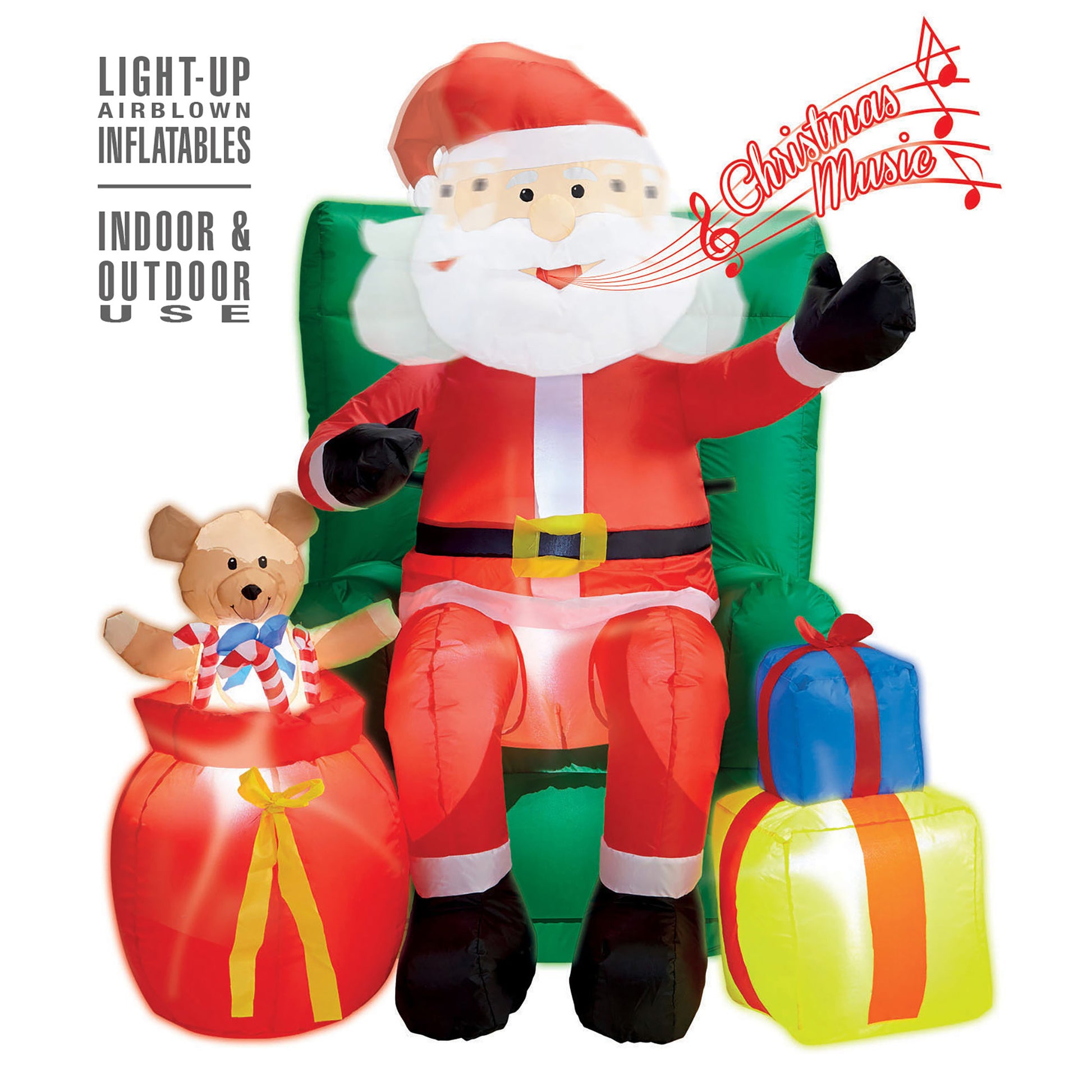 "AUFBLASBARER LEUCHTENDER AUF DEM SESSEL SITZENDER WEIHNACHTSMANN MIT GESCHENKEN - ANIMIERTER KOPF MIT MUSIK - MIT INTEGRIERTEM GEBLÄSE " 122 cm – Vorderansicht