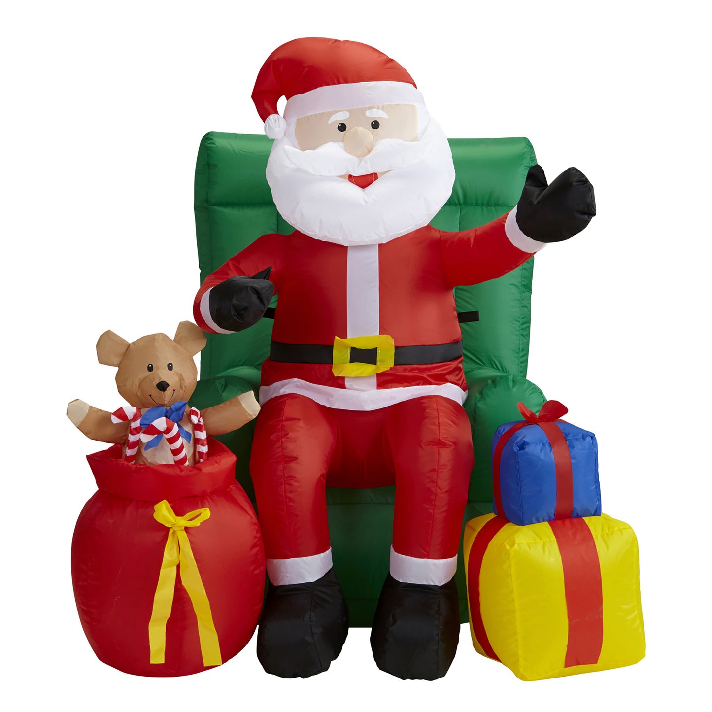 "AUFBLASBARER LEUCHTENDER AUF DEM SESSEL SITZENDER WEIHNACHTSMANN MIT GESCHENKEN - ANIMIERTER KOPF MIT MUSIK - MIT INTEGRIERTEM GEBLÄSE " 122 cm – Ansicht 3