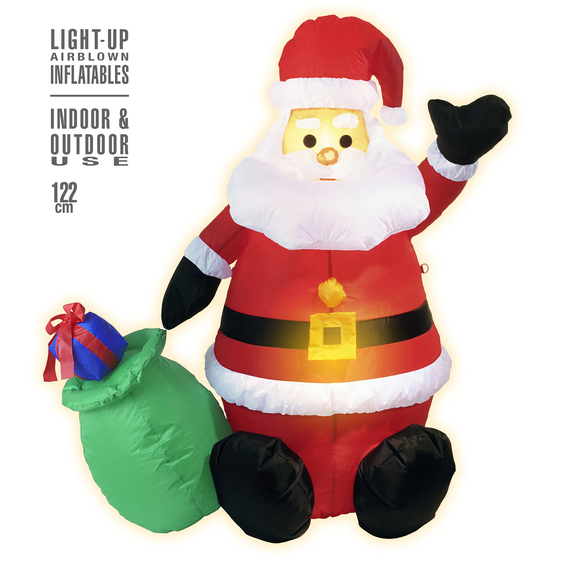 "AUFBLASBARER LEUCHTENDER WEIHNACHTSMANN MIT INTEGRIERTEM GEBLÄSE" 122 cm – Vorderansicht