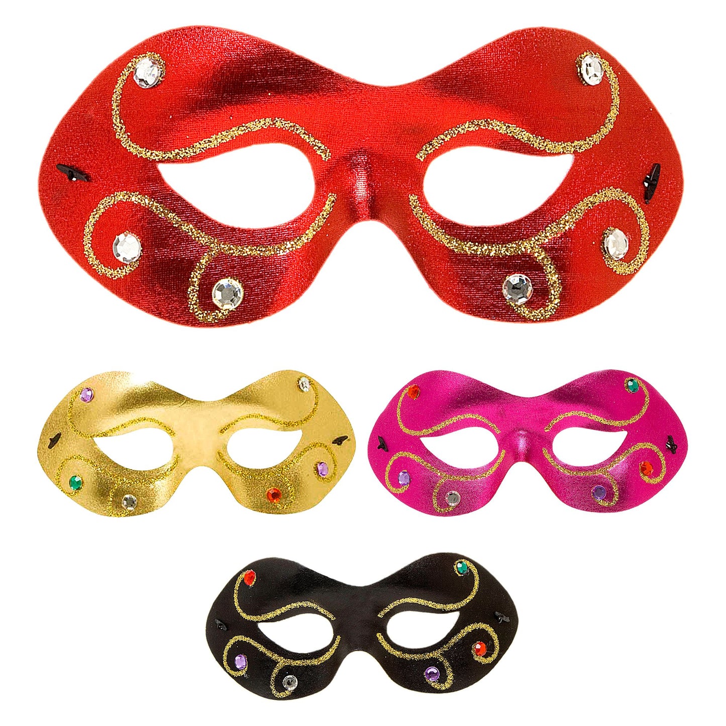 "AUGENMASKE AUS METALLISIERTEM STOFF MIT JUWELEN" in 4 Farben sort.: 4 schwarz, 4 gold, 2 rot, 2 rosa – Vorderansicht