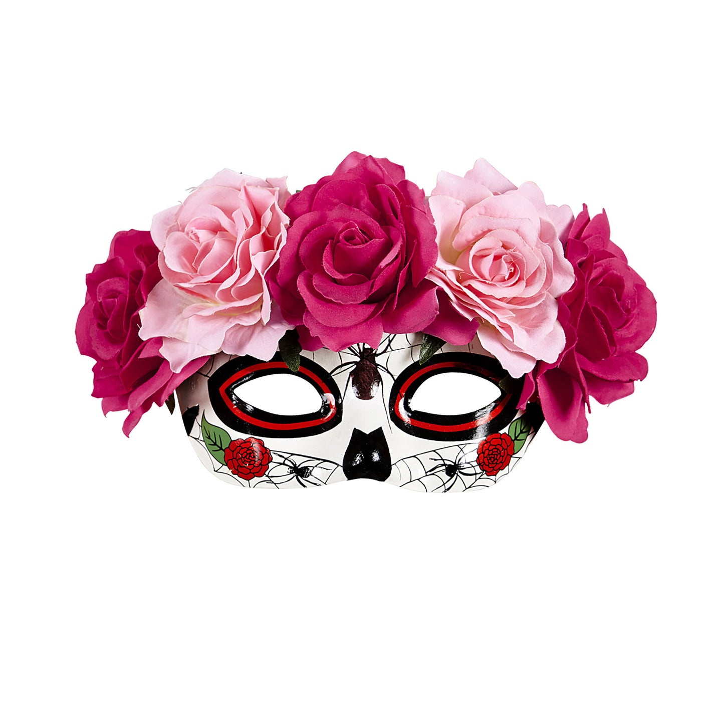 "AUGENMASKE DIA DE LOS MUERTOS DEKORIERT MIT ROTEN & PINKFARBENEN ROSEN" – Vorderansicht