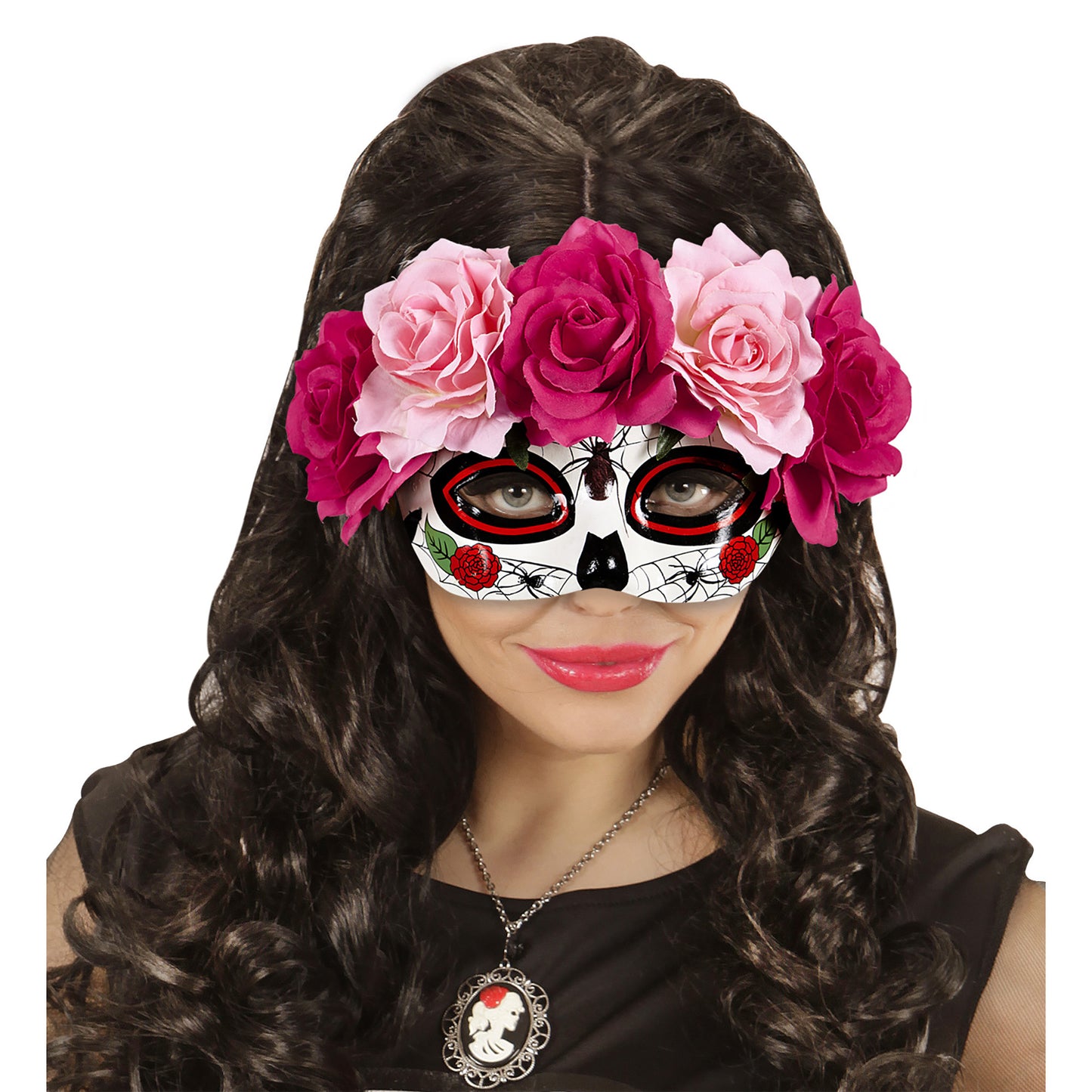 "AUGENMASKE DIA DE LOS MUERTOS DEKORIERT MIT ROTEN & PINKFARBENEN ROSEN" – Detailansicht