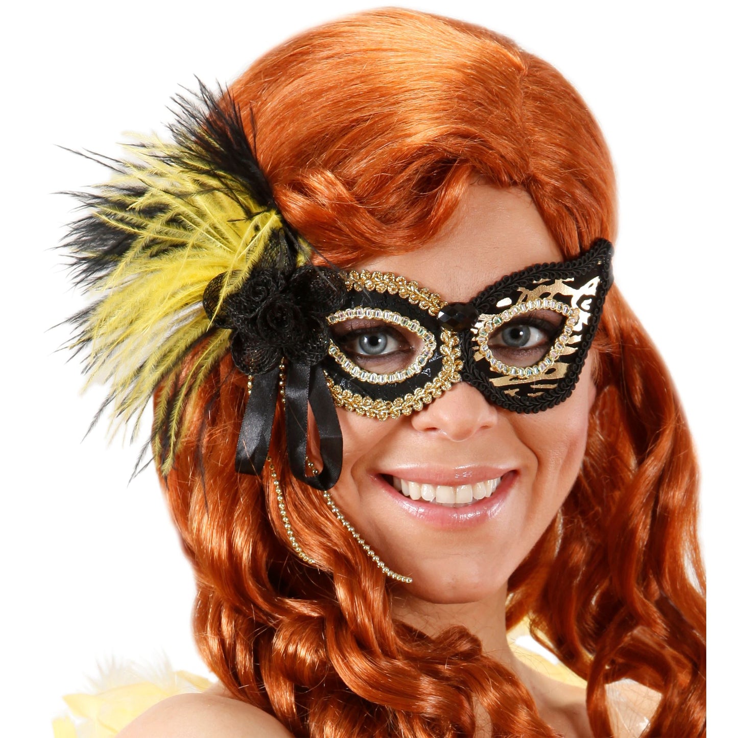 "AUGENMASKE TIGER MIT JUVEL, ROSE AUS PAILLETTEN UND FEDERN" – Detailansicht