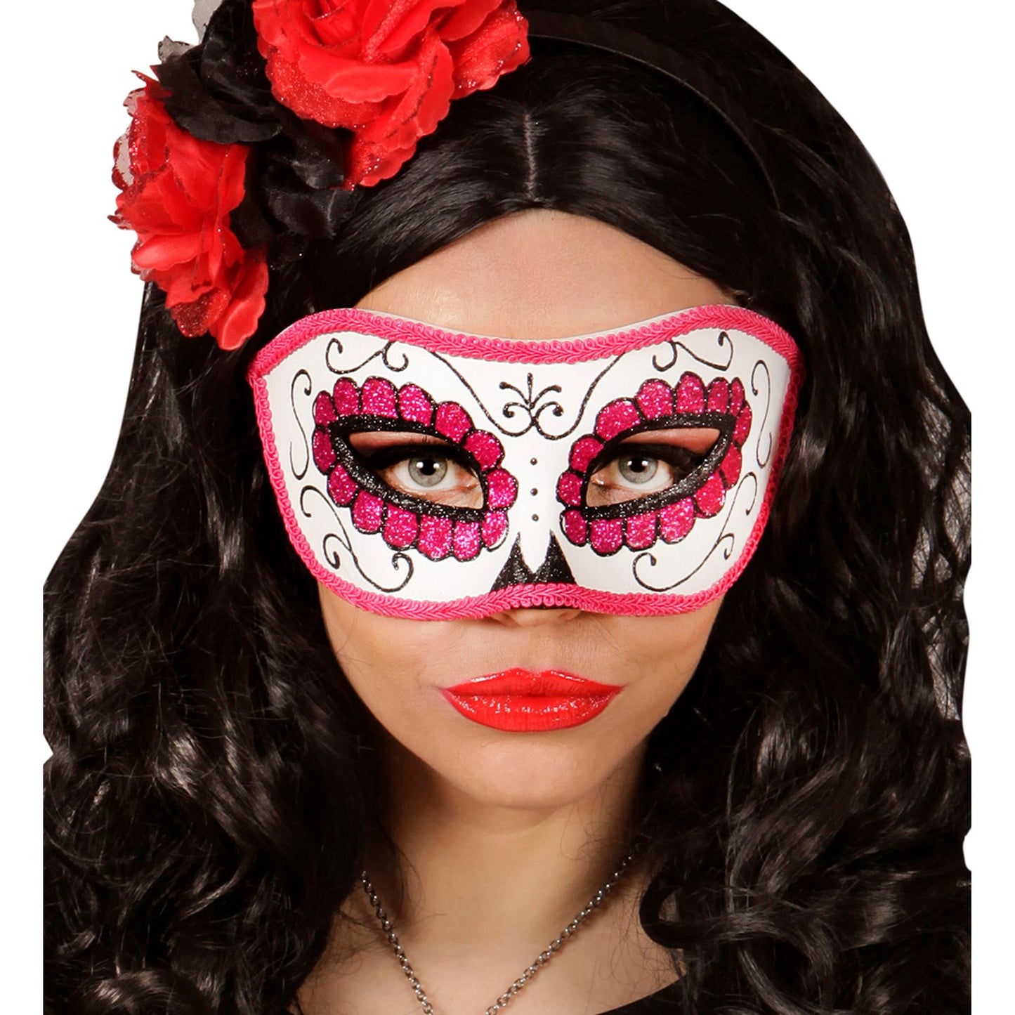 "AUGENMASKE UNISEX DIA DE LOS MUERTOS DEKORIERT MIT SCHWARZEM UND ROSAFARBENEM " – Ansicht 3