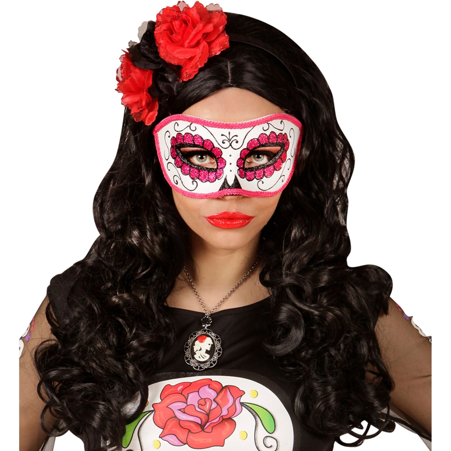 "AUGENMASKE UNISEX DIA DE LOS MUERTOS DEKORIERT MIT SCHWARZEM UND ROSAFARBENEM " – Ansicht 4