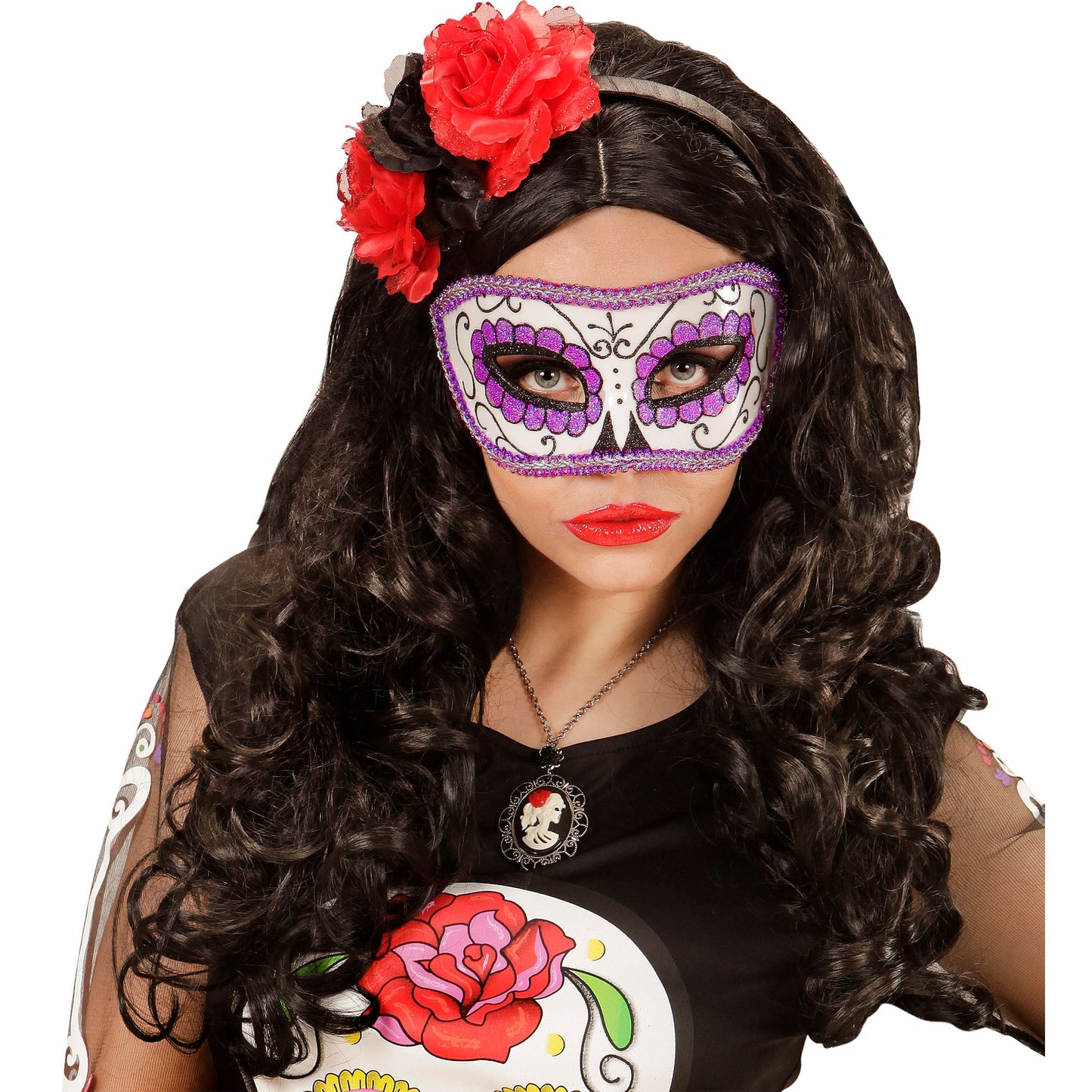 "AUGENMASKE UNISEX DIA DE LOS MUERTOS DEKORIERT SCHWARZ UND LILA " – Ansicht 4