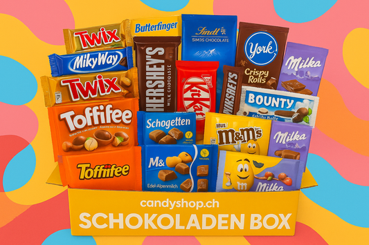 Bunte Schokolade Überraschungsbox mit verschiedenen cremigen und knackigen Sorten in Geschenkbox