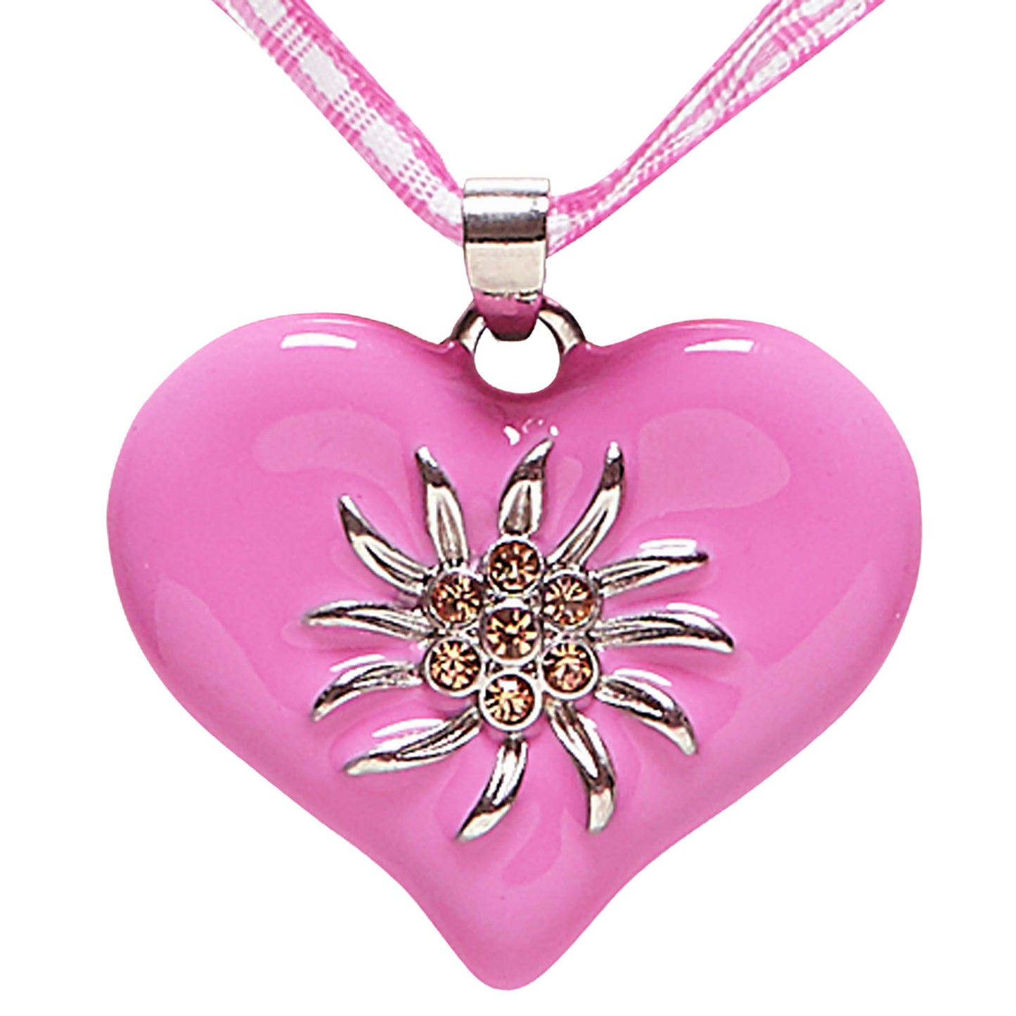 "BANDKETTE ROSA-WEISS KARIERT MIT STRASSHERZ EDELWEISS" – Vorderansicht