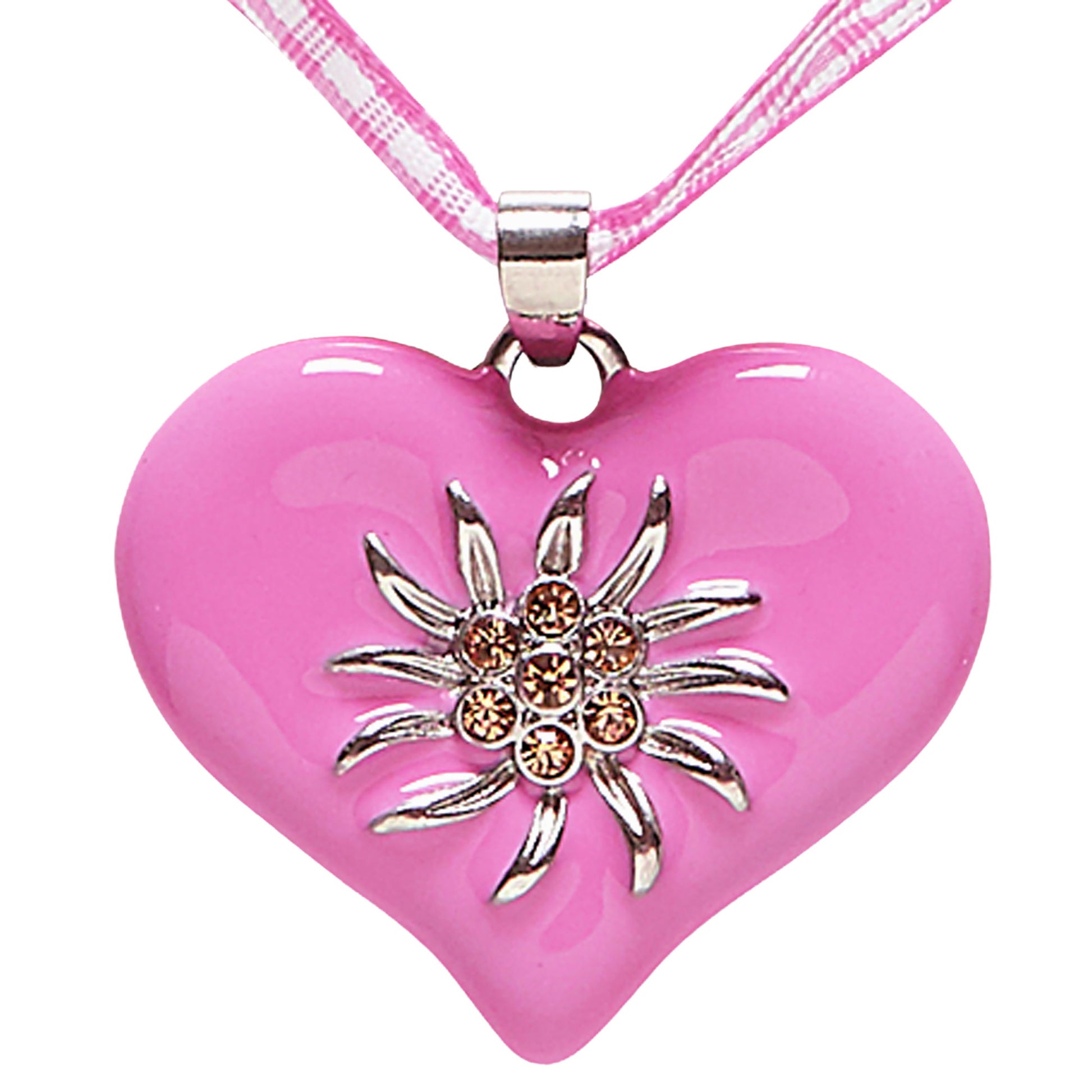 "BANDKETTE ROSA-WEISS KARIERT MIT STRASSHERZ EDELWEISS" – Vorderansicht