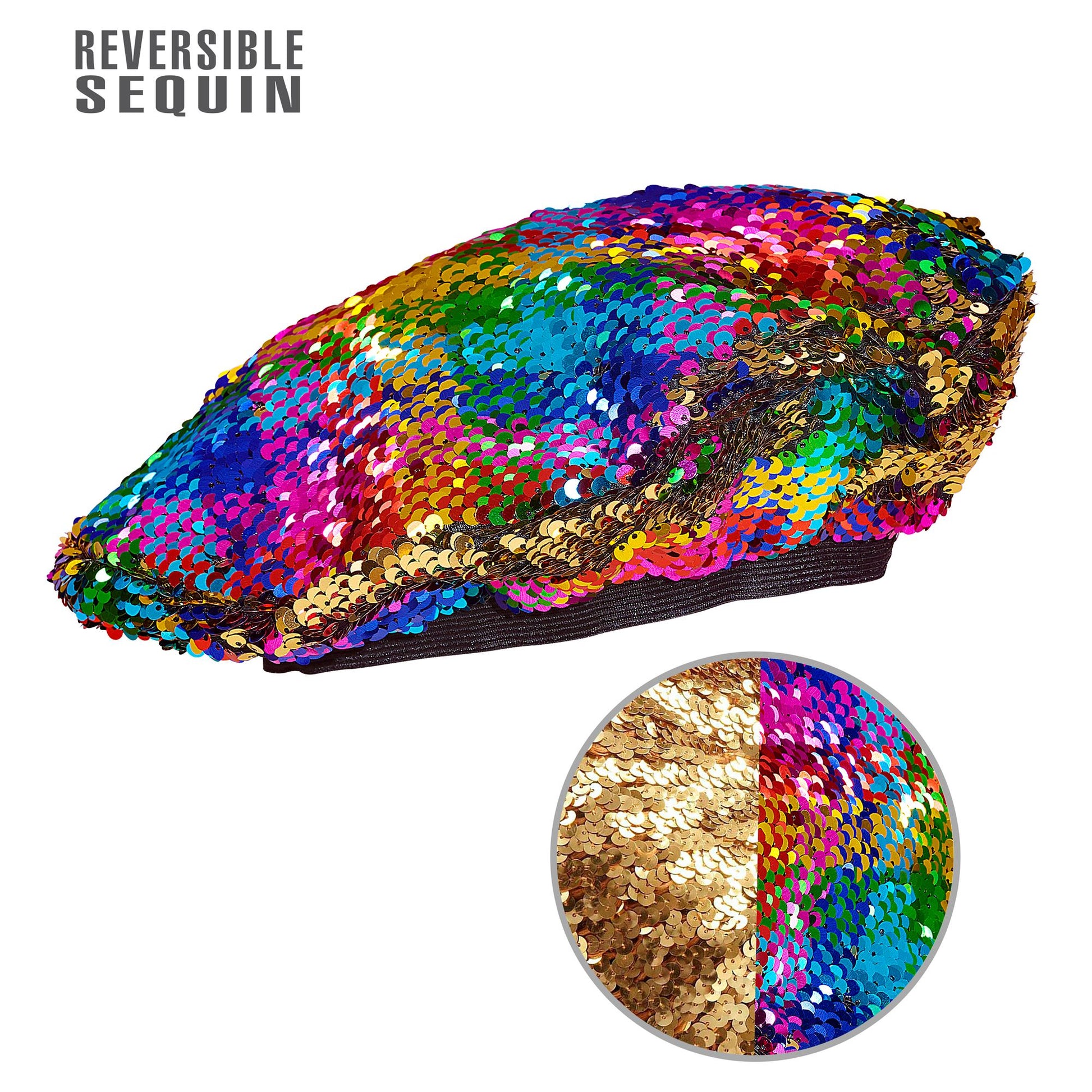 "BASKENMÜTZE WENDEPAILLETTEN REGENBOGEN / GOLD" – Vorderansicht