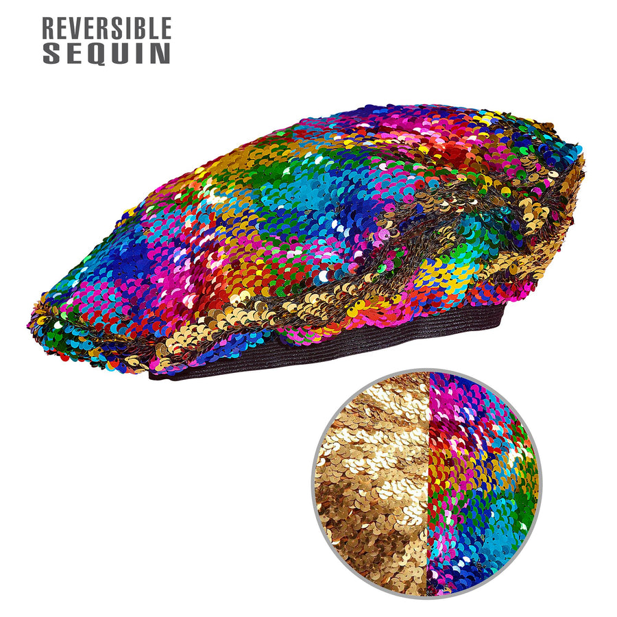 "BASKENMÜTZE WENDEPAILLETTEN REGENBOGEN / GOLD" – Vorderansicht