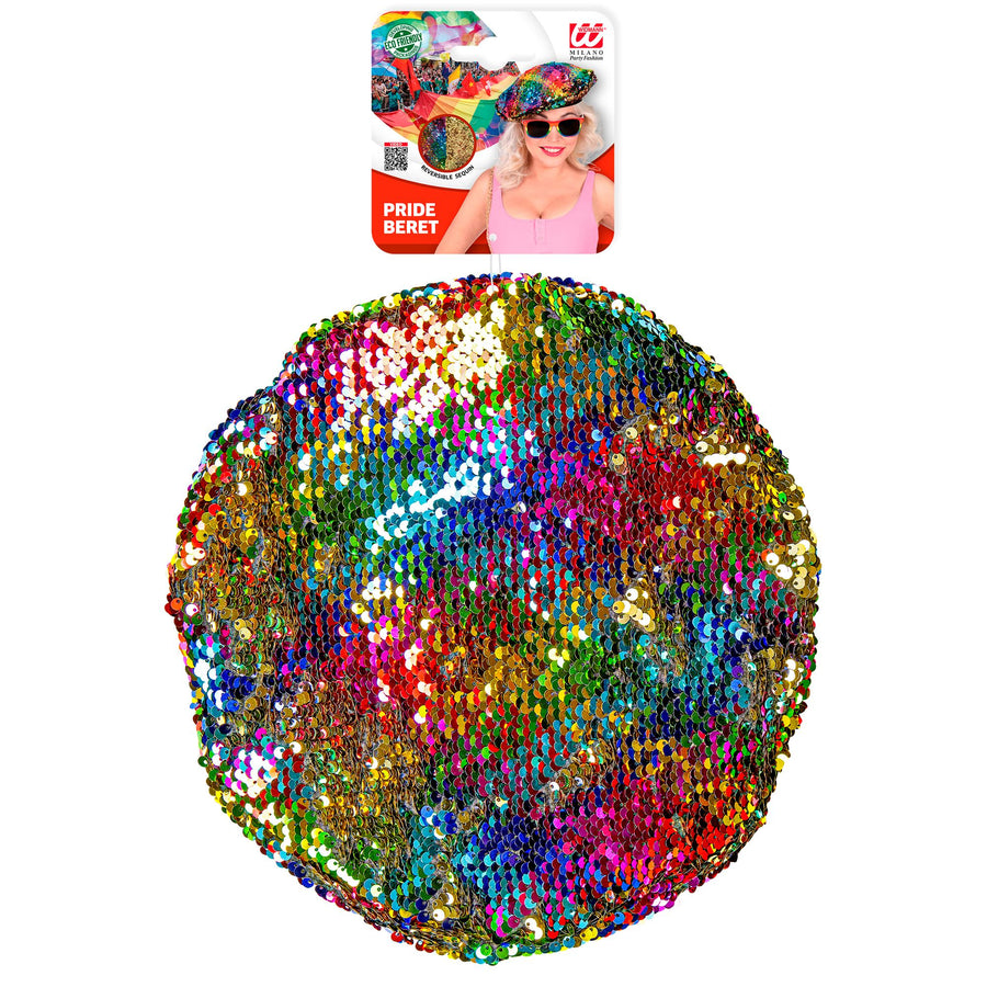"BASKENMÜTZE WENDEPAILLETTEN REGENBOGEN / GOLD" – Detailansicht