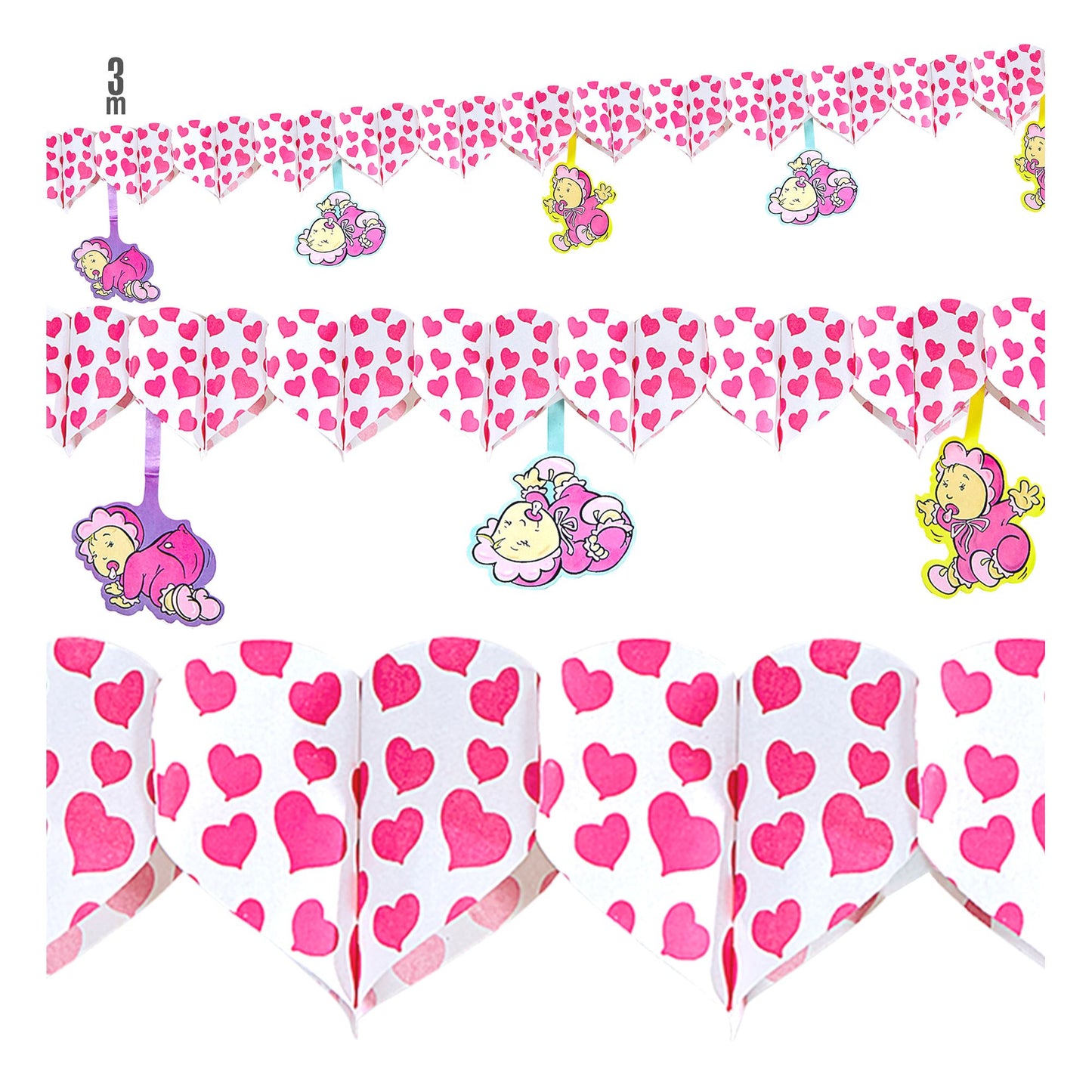 "BEDRUCKTE GIRLANDE MIT ROSA HERZEN UND BABYMOTIVEN" 3 m – Vorderansicht