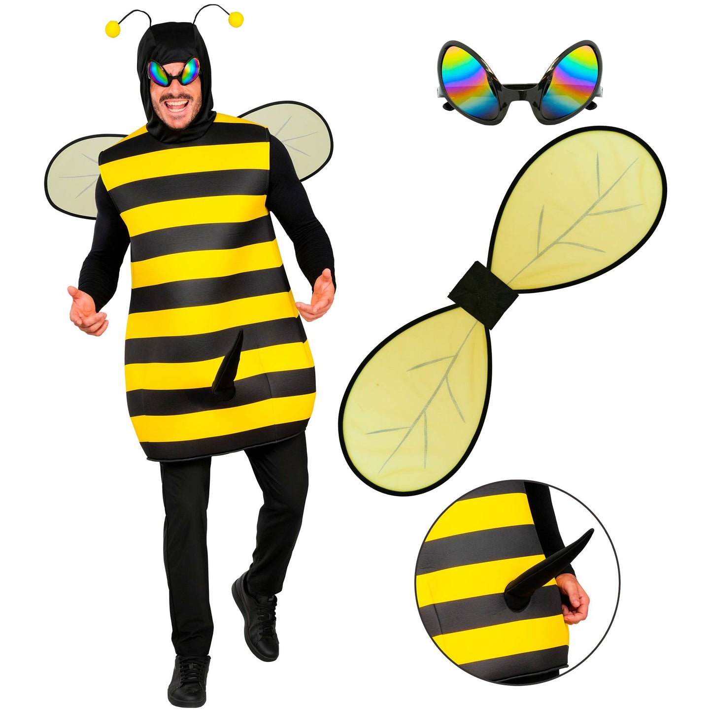 "BIENE MIT STACHEL" (Robe mit Kapuze, Flügel, Brille) – Detailansicht