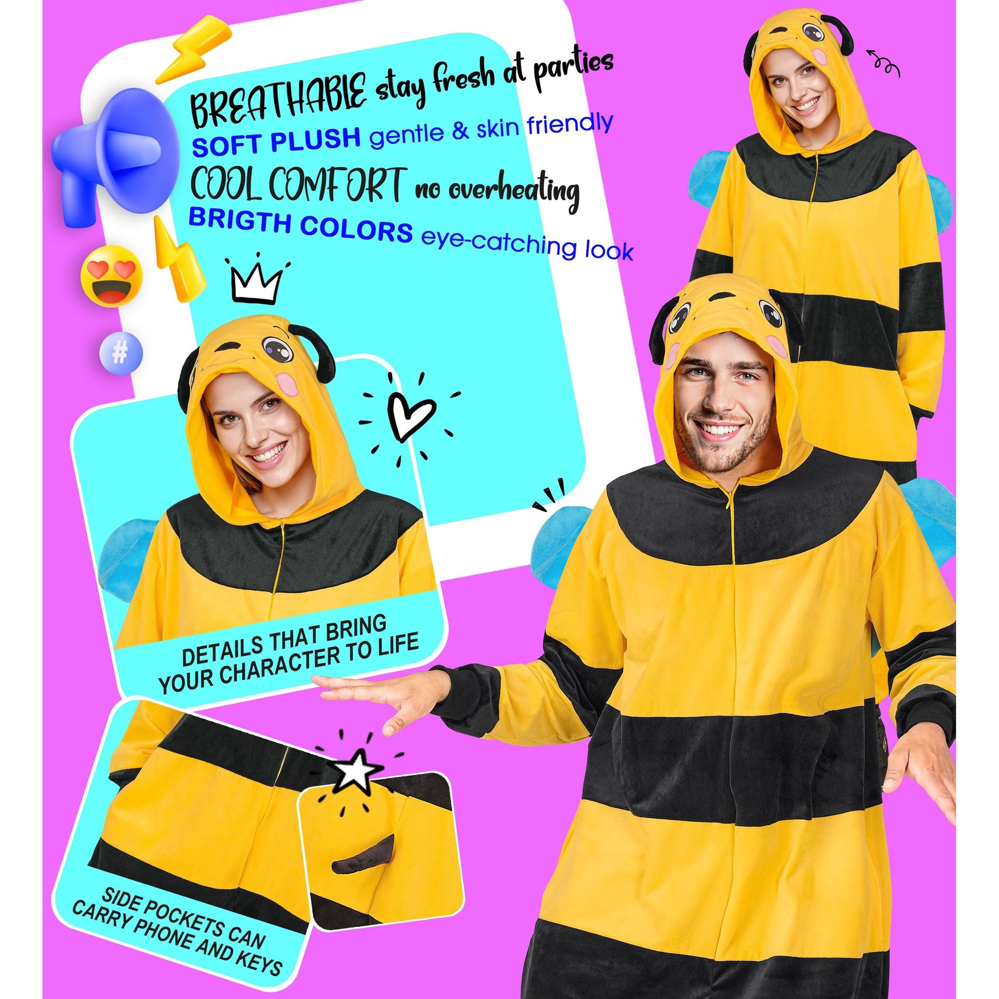 Widmann Biene Plüsch Kostüm Overall Onesie mit Kapuze Gelb – Ansicht 7